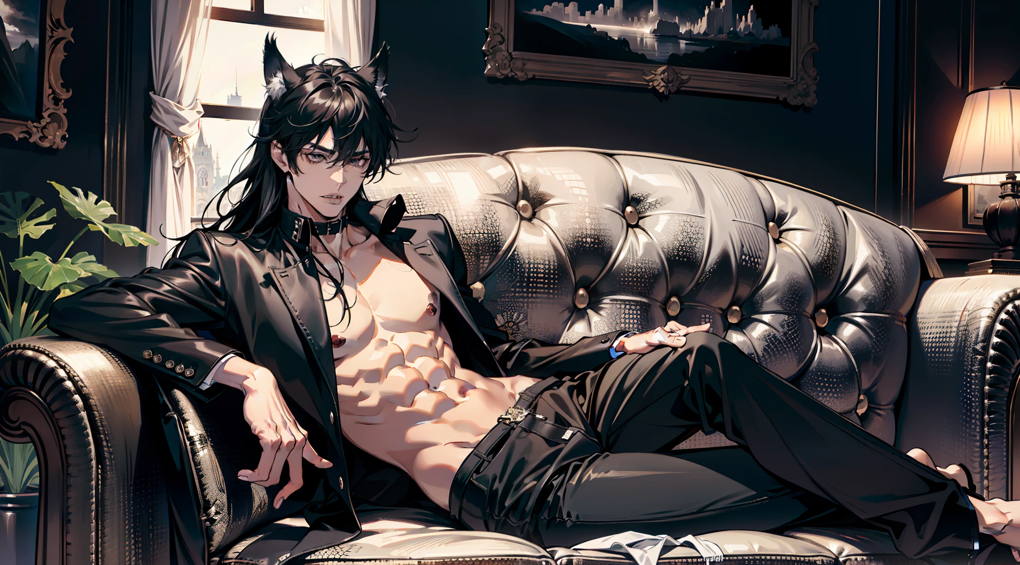 (absurdres, highres, ultra detailed), 1 male, adult, handsome, tall muscular guy, broad shoulders, finely detailed eyes and detailed face, black very long hair, gray eyes, handsome, fantasy, gothic, wolf ears, wolf tail, Sunlight, Fantastic light and shadow, Scenery, portrait, vampire fangs, open mouth, sexy, attractive, full body, tongle, no clothes, no shirt,, Dog Collar, bangs, cute face, sitting on the couch, black leather pants, no shirt
