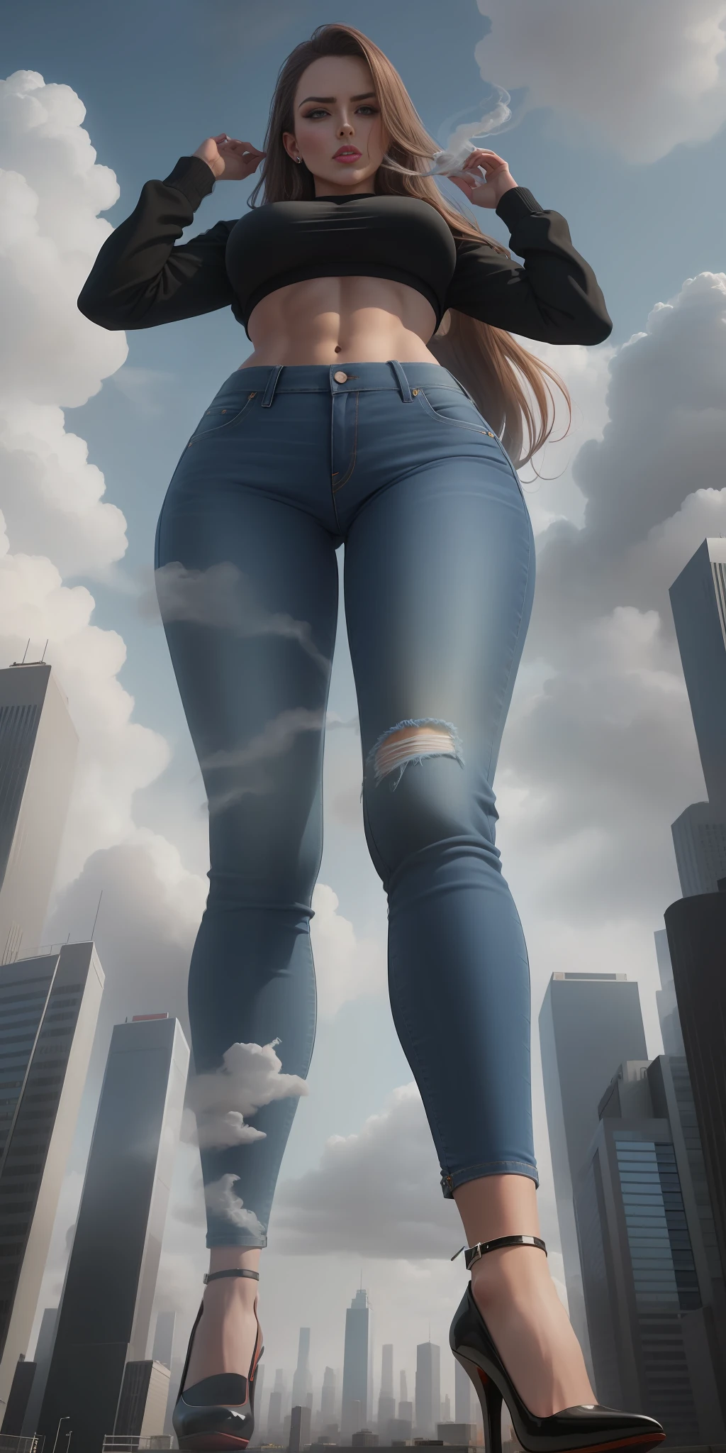 Giantess wearing crop top and jeans, athletic body, gts city, city buildings, smoke, clouds, evil, realistic lighting, high heels, from below