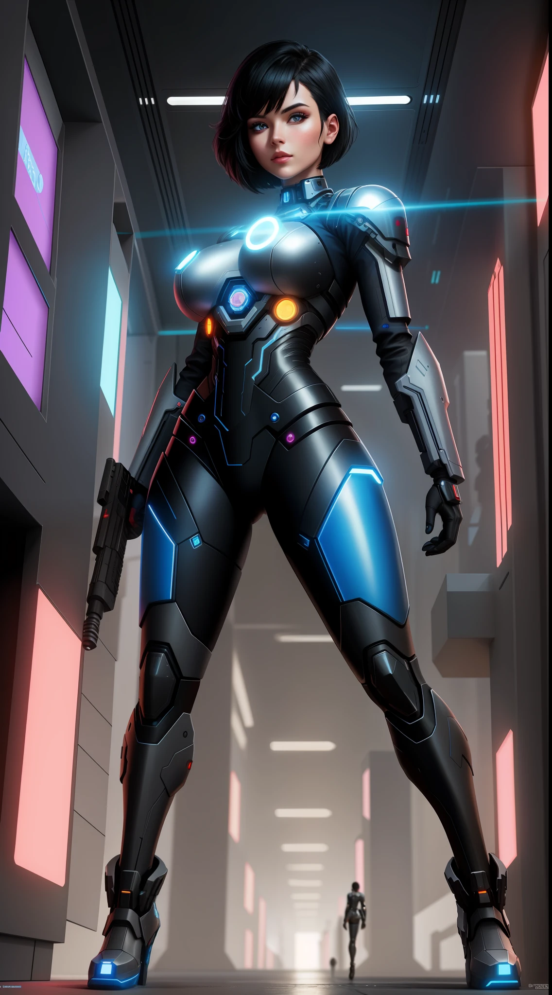 Full body photo, Cyborg Woman, futuristic metallic armor body, with power cables, blue lights on her chest, she has a half human head half with mechanical parts appearing, short black hair, blue eye and mechanical eye with laser sight, looking at the viewer, from the front, big breasts, body half human and half mechanical, she is in a futuristic city at war between humans and machines, she is holding futuristic weapons of high caliber, cyberpunk, troll, anime, Pop art, masterpiece, 16k, high details, UHD, best quality