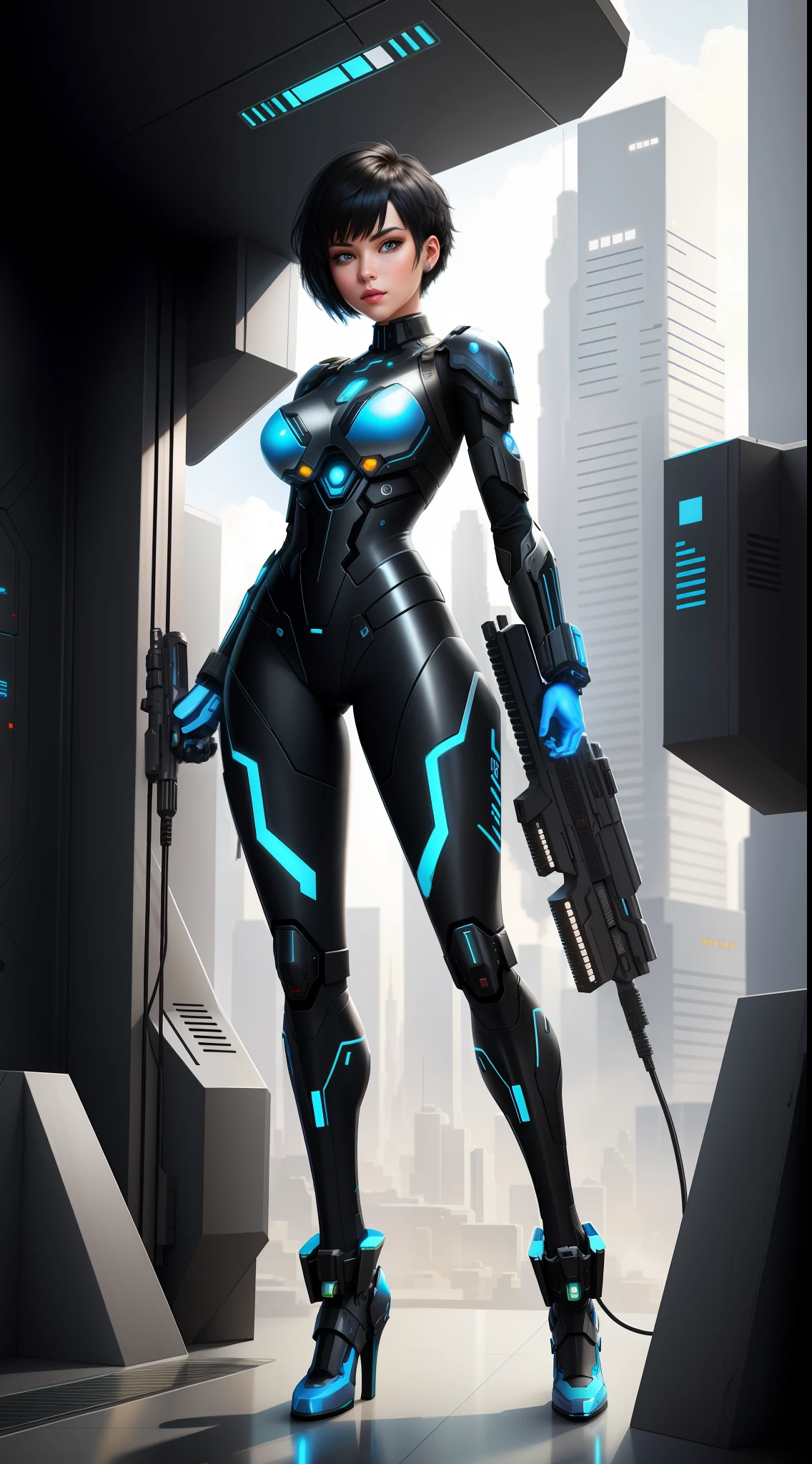 Full body photo, Cyborg Woman, futuristic metallic armor body, with power cables, blue lights on her chest, she has a half human head half with mechanical parts appearing, short black hair, blue eye and mechanical eye with laser sight, looking at the viewer, from the front, big breasts, body half human and half mechanical, she is in a futuristic city at war between humans and machines, she is holding futuristic weapons of high caliber, cyberpunk, troll, anime, Pop art, masterpiece, 16k, high details, UHD, best quality