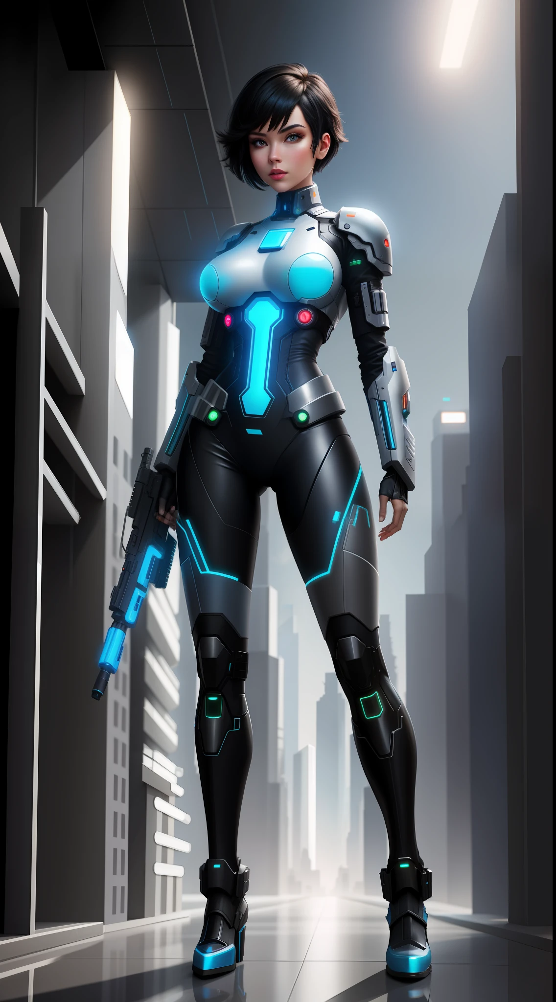 Full body photo, Cyborg Woman, futuristic metallic armor body, with power cables, blue lights on her chest, she has a half human head half with mechanical parts appearing, short black hair, blue eye and mechanical eye with laser sight, looking at the viewer, from the front, big breasts, body half human and half mechanical, she is in a futuristic city at war between humans and machines, she is holding futuristic weapons of high caliber, cyberpunk, troll, anime, Pop art, masterpiece, 16k, high details, UHD, best quality