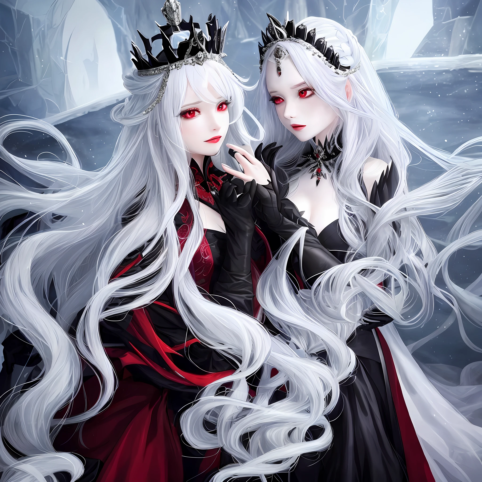 A beautiful lady from the ice kingdom, with her gorgeous long white hair and her gorgeous red eyes, she is wearing her gorgeous black and elegant queen's dress and has a beautiful crown on her head