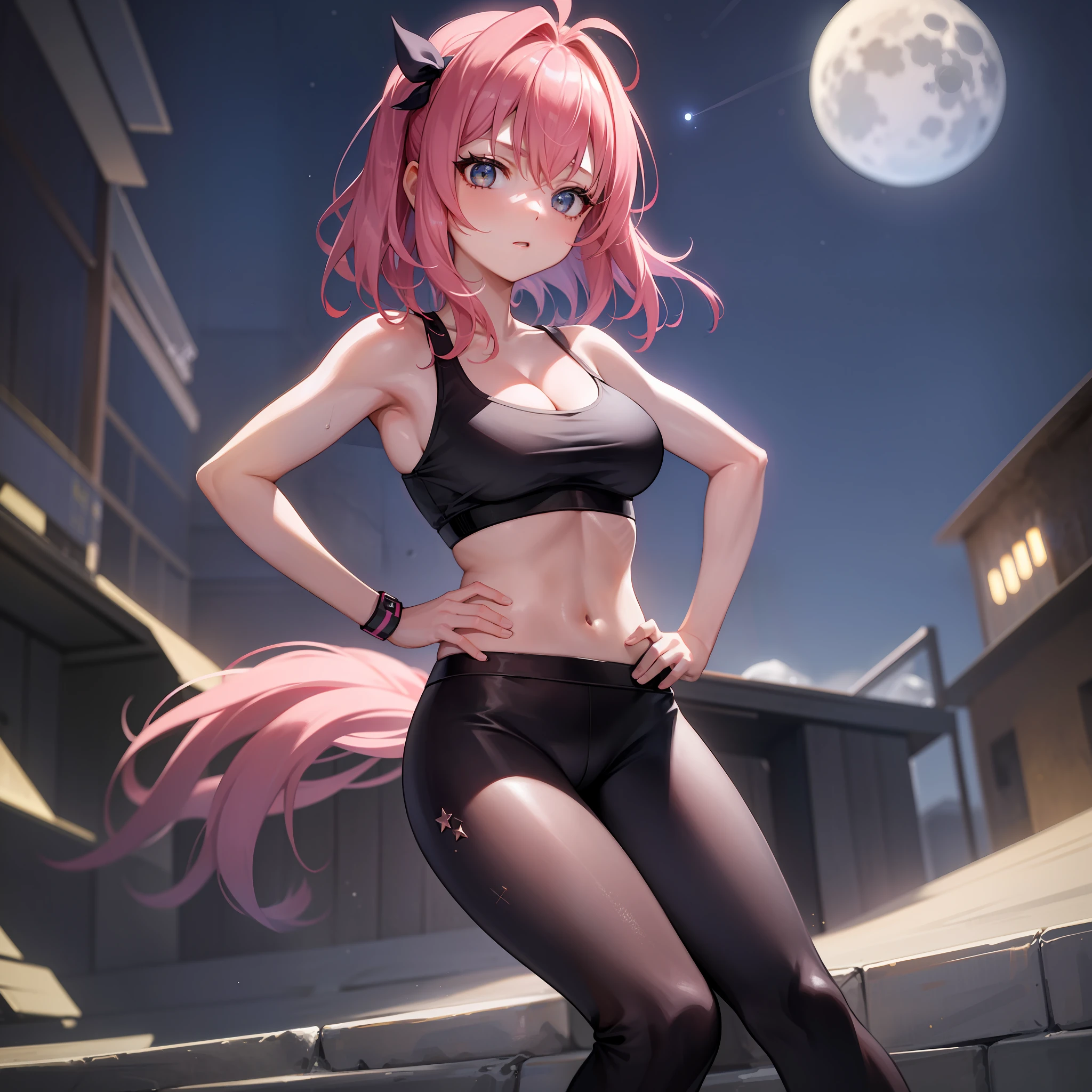 Masterpiece, best quality, absurdres, perfect anatomy, 1girl, solo, pink hair, short hai, black sports bra, cleavage, boobs, black leggings, bubble butt, muscular, hands on hips, rooptop, night, sky scenary, full moon, stars,