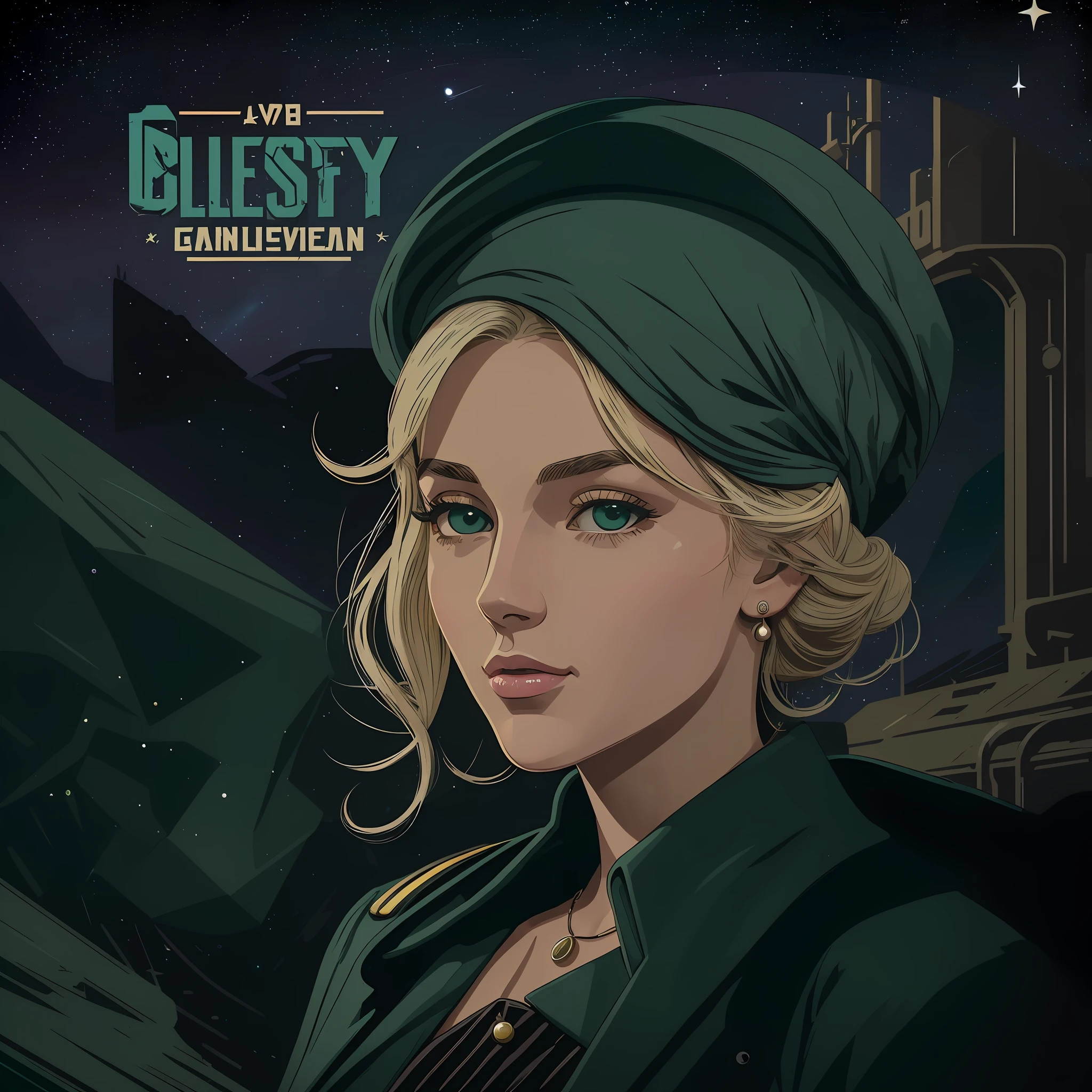 (masterpiece), (best quality), (better detail), (worn paper borders), (main color of illustration: pastel dark green), (secondary color: saturated black), vintage advertising poster of a very beautiful blonde model and Soviet-style lettering (very detailed face) with cheerful posture),western futuristic scenario of a dirty and old alley, at night (sky with many stars), , clean, busy environment, shading (detailed, lots of contrast), very saturated pulp colors