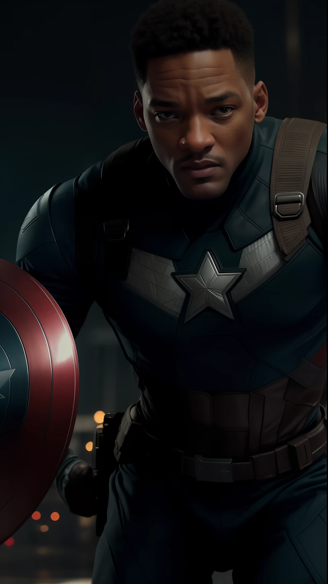 .Tarantino style Will Smith as Captain America 8k, high definition, detailed face, detailed face, detailed eyes, detailed suit, in style of marvel and dc, hyper-realistic in the style of pursuit by gesaffelstein, photorealistic, cinematic lighting, dark atmosphere, volumetric lighting, action pose, epic scene, lots of fine detail, movie style, photography, natural textures, natural light, natural blur, photorealism, cinematic rendering, ray tracing, highest quality, highest detail, Cinematic, Blur Effect, Long Exposure, 8K, Ultra-HD, Natural Lighting, Moody Lighting, Cinematic Lighting, hyper-realistic,  vibrant,  8k, detailed, ultra detail,