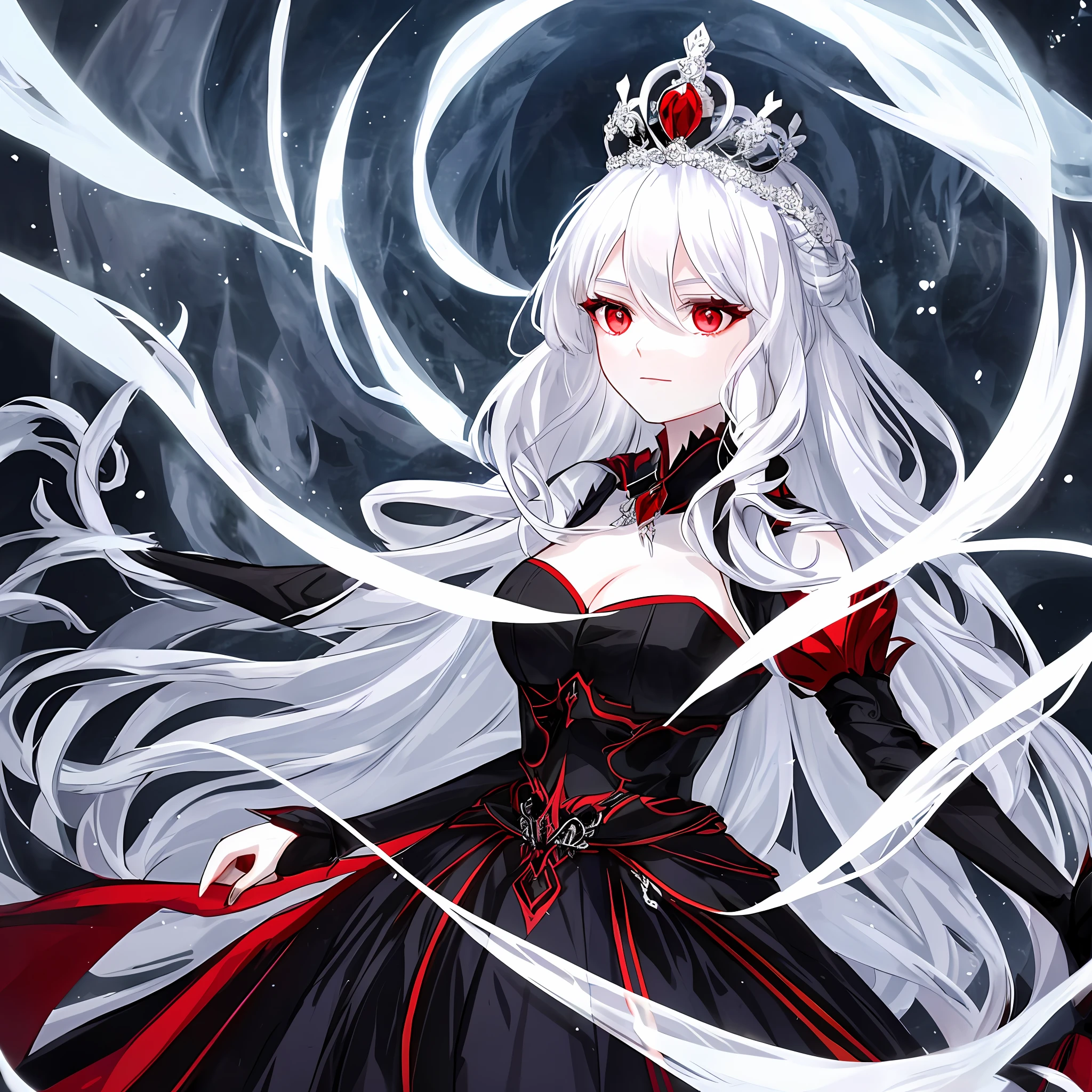 A beautiful lady from the ice kingdom, with her beautiful long white hair and her beautiful red eyes, she is wearing her beautiful black and elegant queen's dress and has a beautiful crown on her head, her face is beautiful and delicate