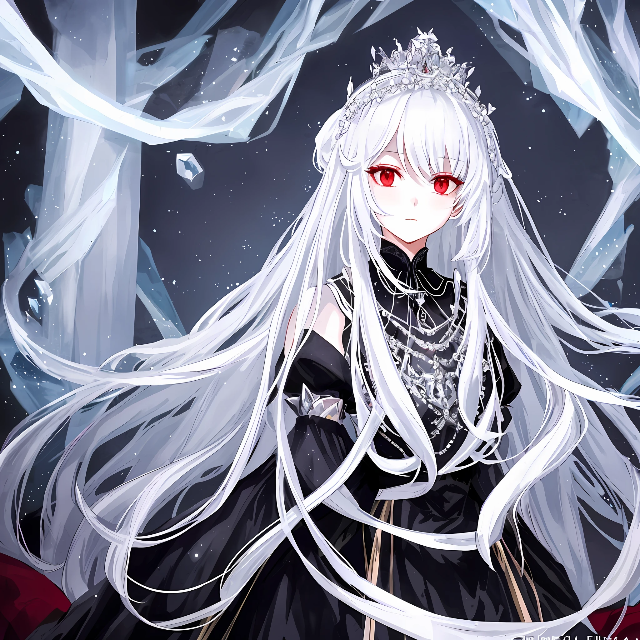 A beautiful lady from the ice kingdom, with her beautiful long white hair and her beautiful red eyes, she is wearing her beautiful black and elegant queen's dress and has a beautiful crown on her head, her face is beautiful and delicate