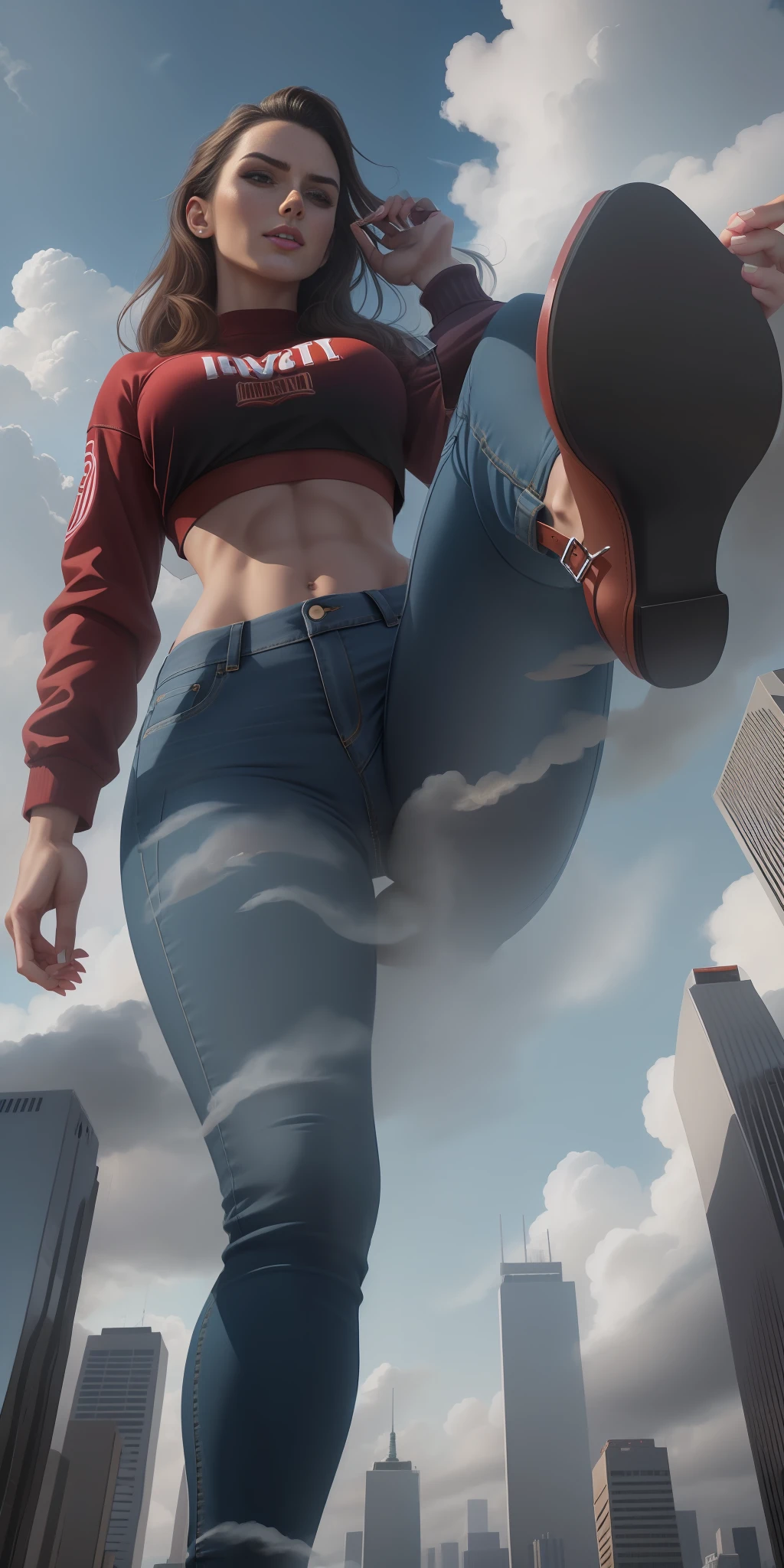 Giantess wearing crop top and jeans, athletic body, gts city, city buildings, smoke, clouds, evil, realistic lighting, high heels, from below, one leg raised, stomp pov, sole of heels visible