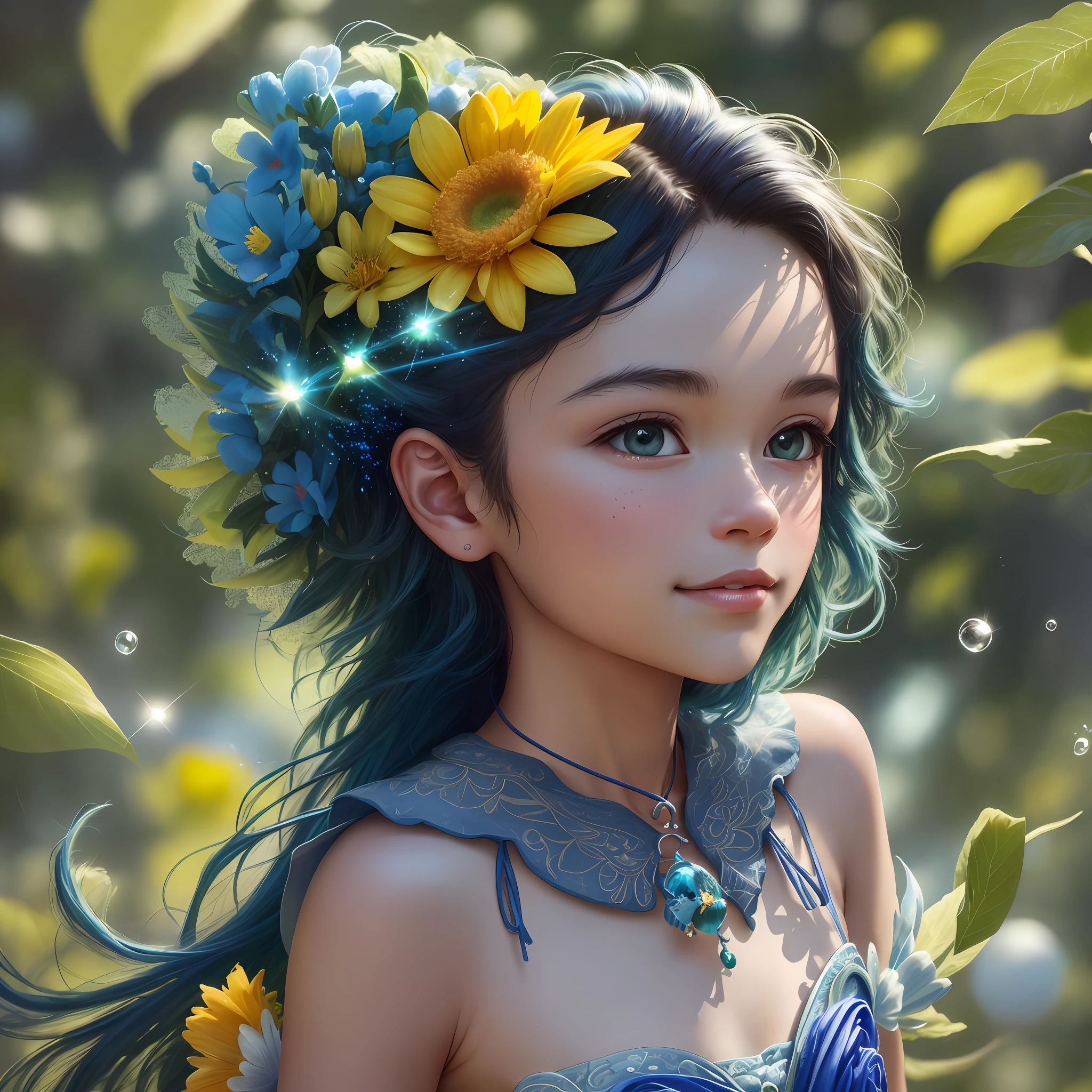 1 little hummingbird girl blue, green, yellow, bright, perfect, standing in the air, with beak sticking soap ball, looking to the future, colored hair, happy, cheerful, radiant, smiling, cinematic lighting, brightness, jpeg artifacts, reflective light, backlighting, projected shadow, Fujicolor, image fill, UHD, retina, masterpiece, ccurate, anatomically correct, textured skin, super detail, high details, high quality, award-winning, best quality, highres, 1080P, HD, 4K, 8k, 16k