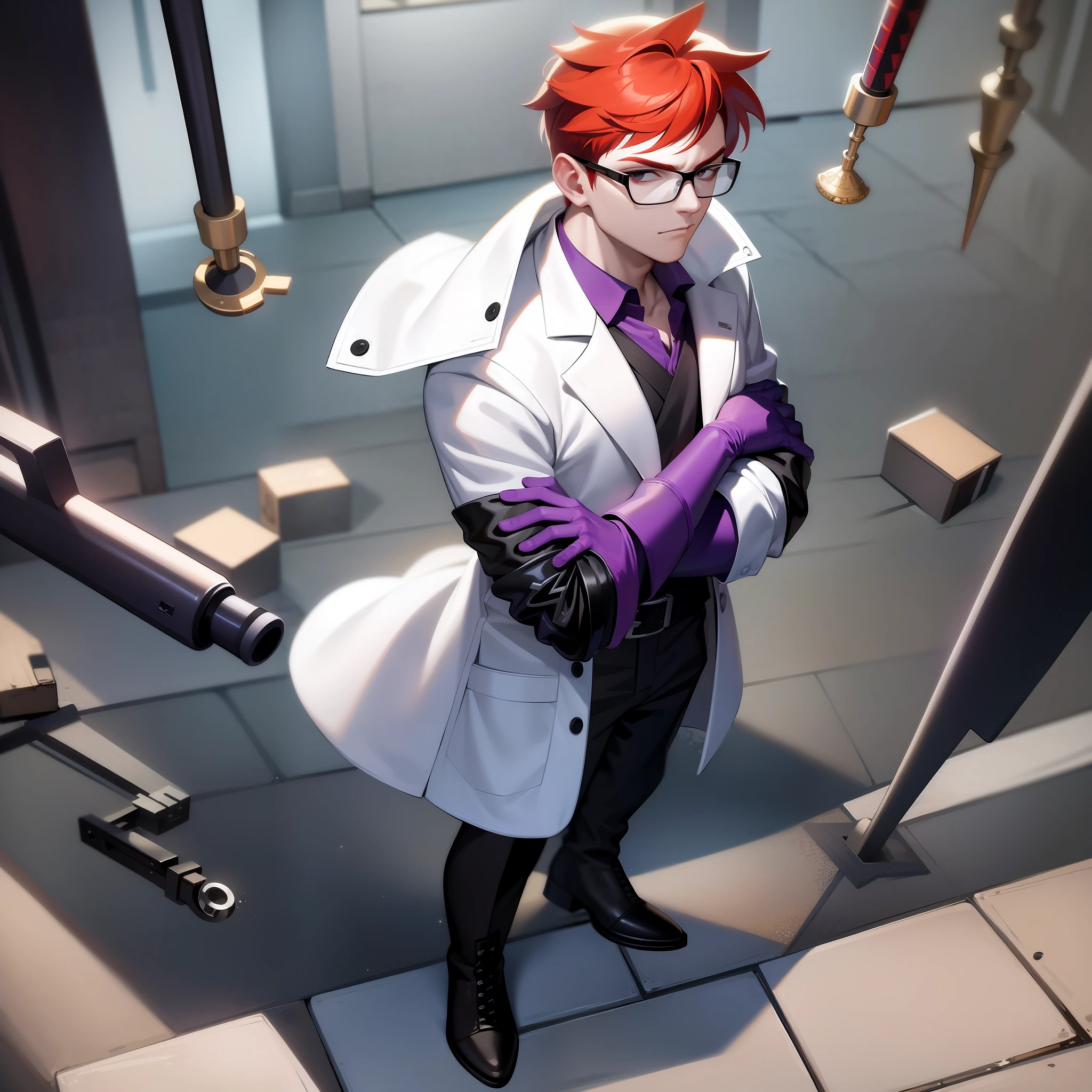 ((masterpiece, best quality)),(complex lighting) , solo ,1boy, full body, dexter ,  red hair, glasses, standing, purple gloves, black eyes, black boots, closed lab coat, simple background, crossed arms,