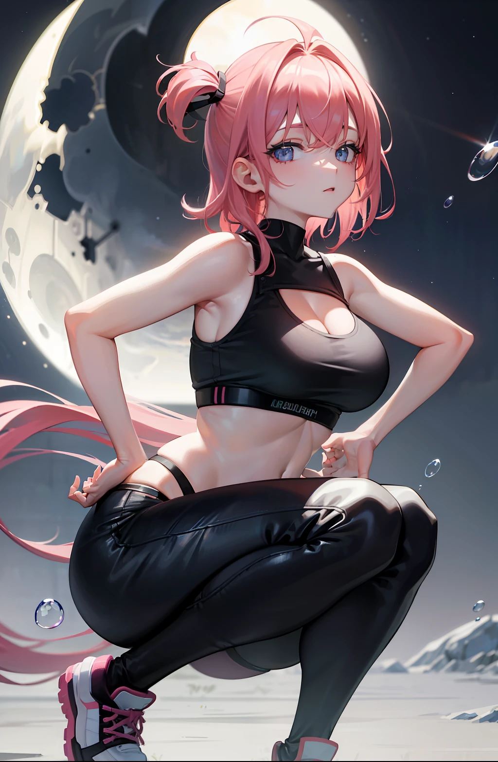 Masterpiece, best quality, absurdres, perfect anatomy, 1girl, solo, short pink hair, black sports bra, cleavage, boobs, black leggings, bubble butt, muscular, hands on hips, rooptop, night, sky scenary, full moon, stars