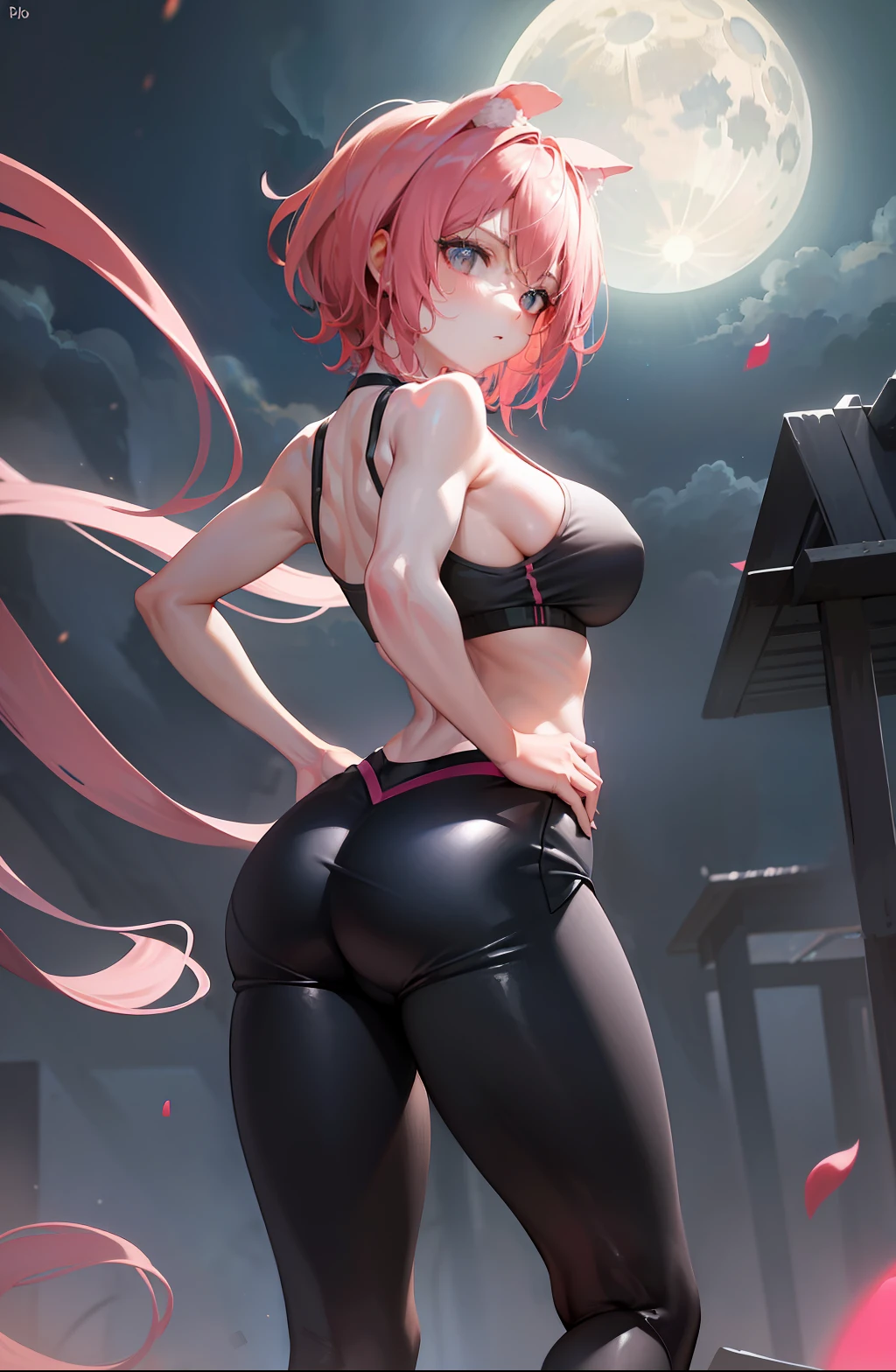Masterpiece, best quality, absurdres, perfect anatomy, 1girl, solo, short pink hair, black sports bra, cleavage, boobs, black leggings, bubble butt, muscular, hands on hips, rooptop, night, sky scenary, full moon, stars