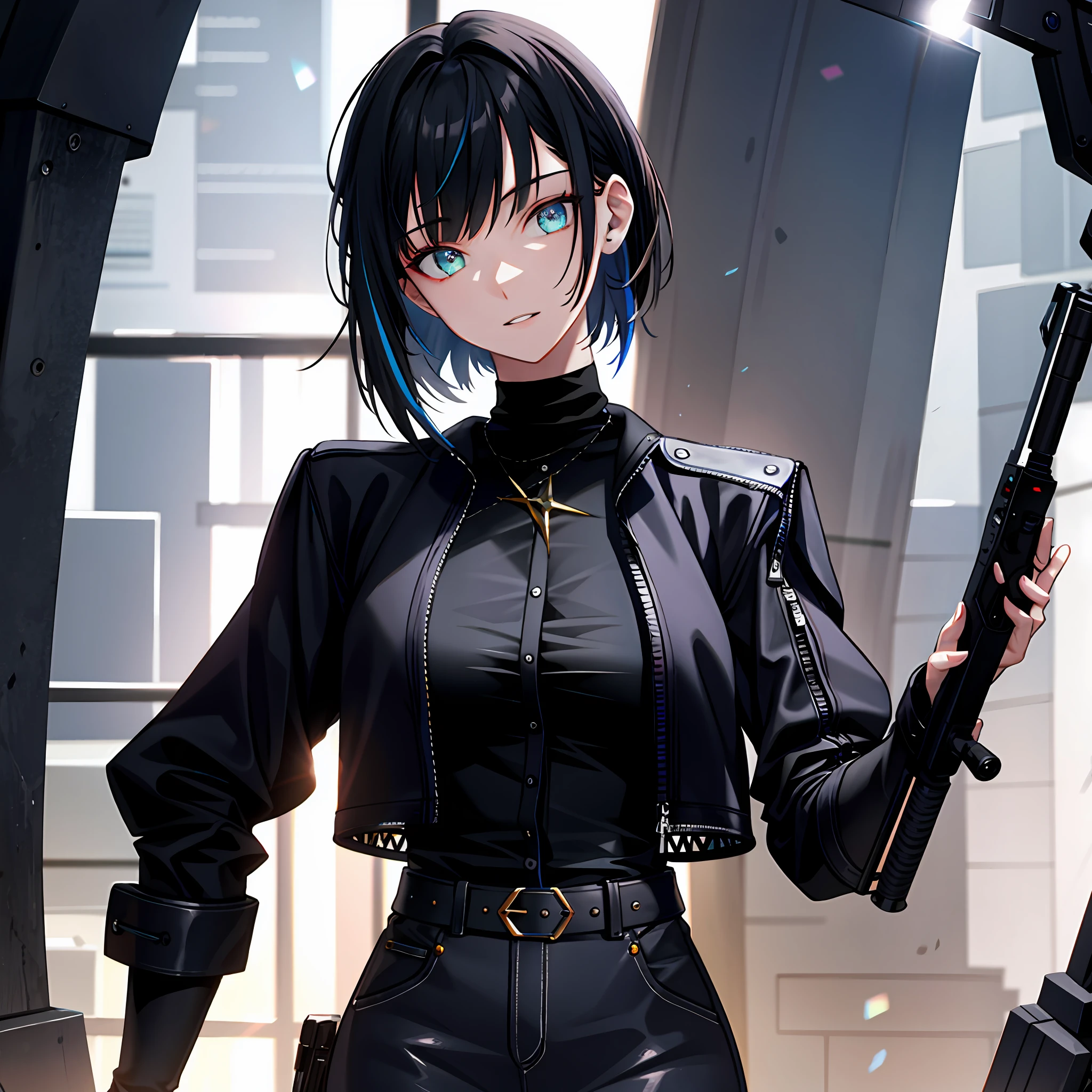 a geek teenager with a gun in hand,perfect body,nsfw:1.5, masterpiece, a realistic representation of the face,(Super high anti-aliasing, virtual engine, dof, super resolution, megapixel, fkaa, txaa, rtx, ssao, post-processing, post-production, mapping),nsfw:1.5, masterpiece, best quality, high quality, high definition, high quality texture, high quality shadow, high detail, beautiful detailed, finely detailed,  cg extremely detailed, detailed texture, a realistic representation of the face, colorful, delicate, Cinematic light, side lighting, Lens Flare, Ray tracing, sharp focus, (1girl, __focus__:1.3), (complex details, makeup, PureErosFace_V1:0.5), looking at the viewer,(masterpiece, top quality, best quality, official art, beautiful and aesthetic: 1.2)