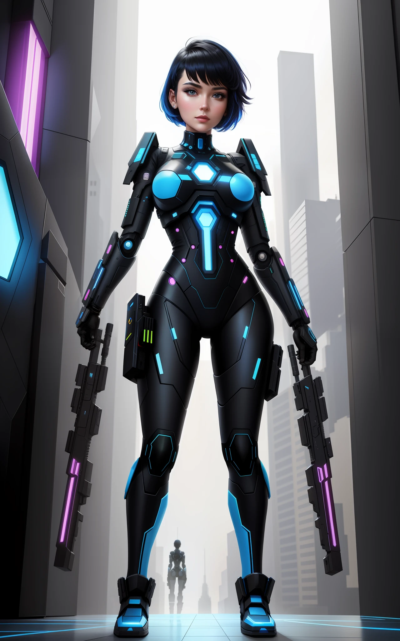 Full body photo, Humanoid Machine Woman, half human half machine body in futuristic costume, with power cables, lit blue lights on her chest, she has half human half head with mechanical parts showing, short black hair, blue eye and mechanical eye with laser sight, looking at the viewer, from the front, big breasts, body half human and half mechanical, she is in a futuristic city at war between humans and machines, she is holding futuristic weapons of high caliber, cyberpunk, troll, anime, Pop art, masterpiece, 16k, high details, UHD, best quality