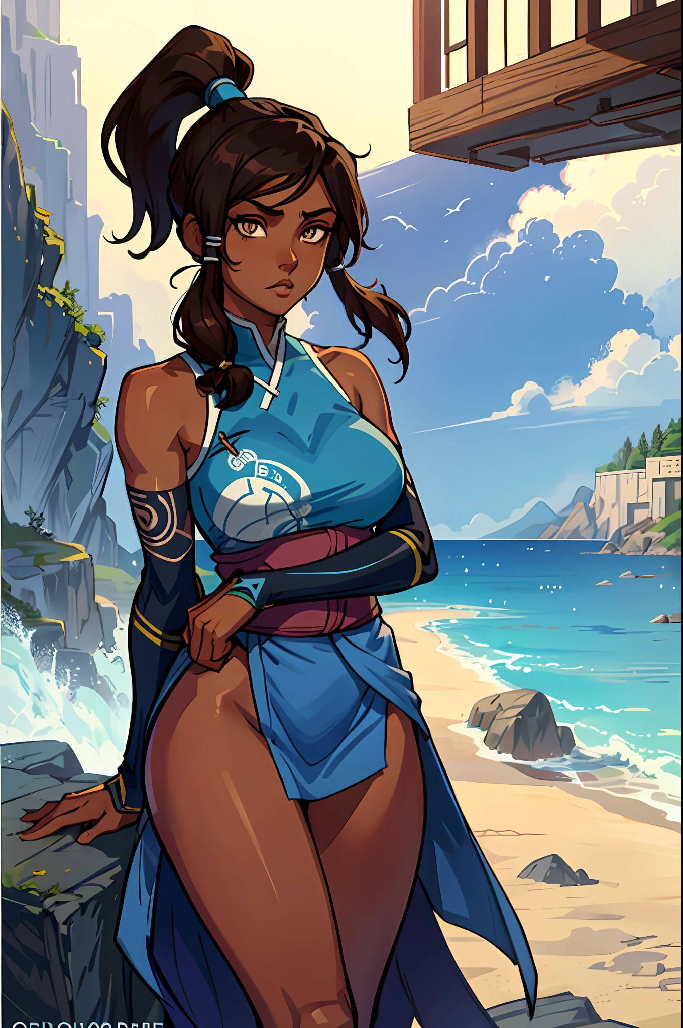 Anime style, masterpiece, best quality, 1girl, korra, solo, (dark skin: 1.5, brown skin: 1.5, brown hair, hair tubes), ponytail, long hair, topknot, breasts, bare shoulders, wearing a sexy yukata at a clubhouse