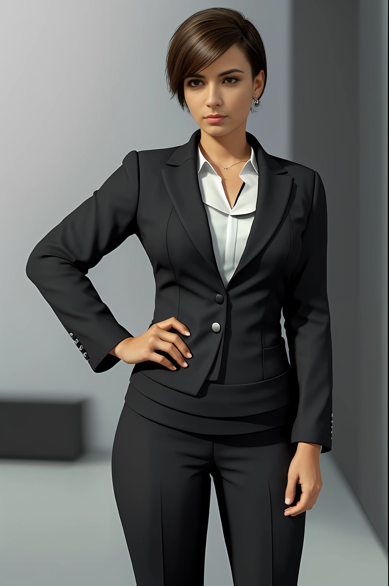 A Brazilian woman, (short hair: 0.5) wearing black dress pants, white dress shirt, tie, with cured arms, ((((serious business woman pose)))), inside the office, (four fingers and a thumb)(soft tones:1.25), (HDR:1.25), (artstation:1.2), dramatic, (intricate details:1.14), (hyperrealistic 3d render:1.16), (filmic:0.55), (rutkowski:1.1), (faded:1.3)