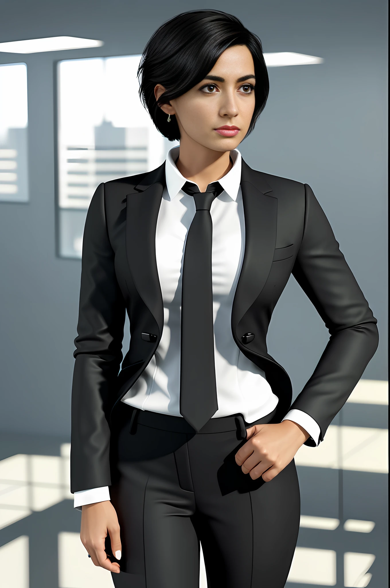 A Brazilian woman, (short hair: 0.5) wearing black dress pants, white dress shirt, tie, with cured arms, ((((serious business woman pose)))), inside the office, (four fingers and a thumb)(soft tones:1.25), (HDR:1.25), (artstation:1.2), dramatic, (intricate details:1.14), (hyperrealistic 3d render:1.16), (filmic:0.55), (rutkowski:1.1), (faded:1.3)