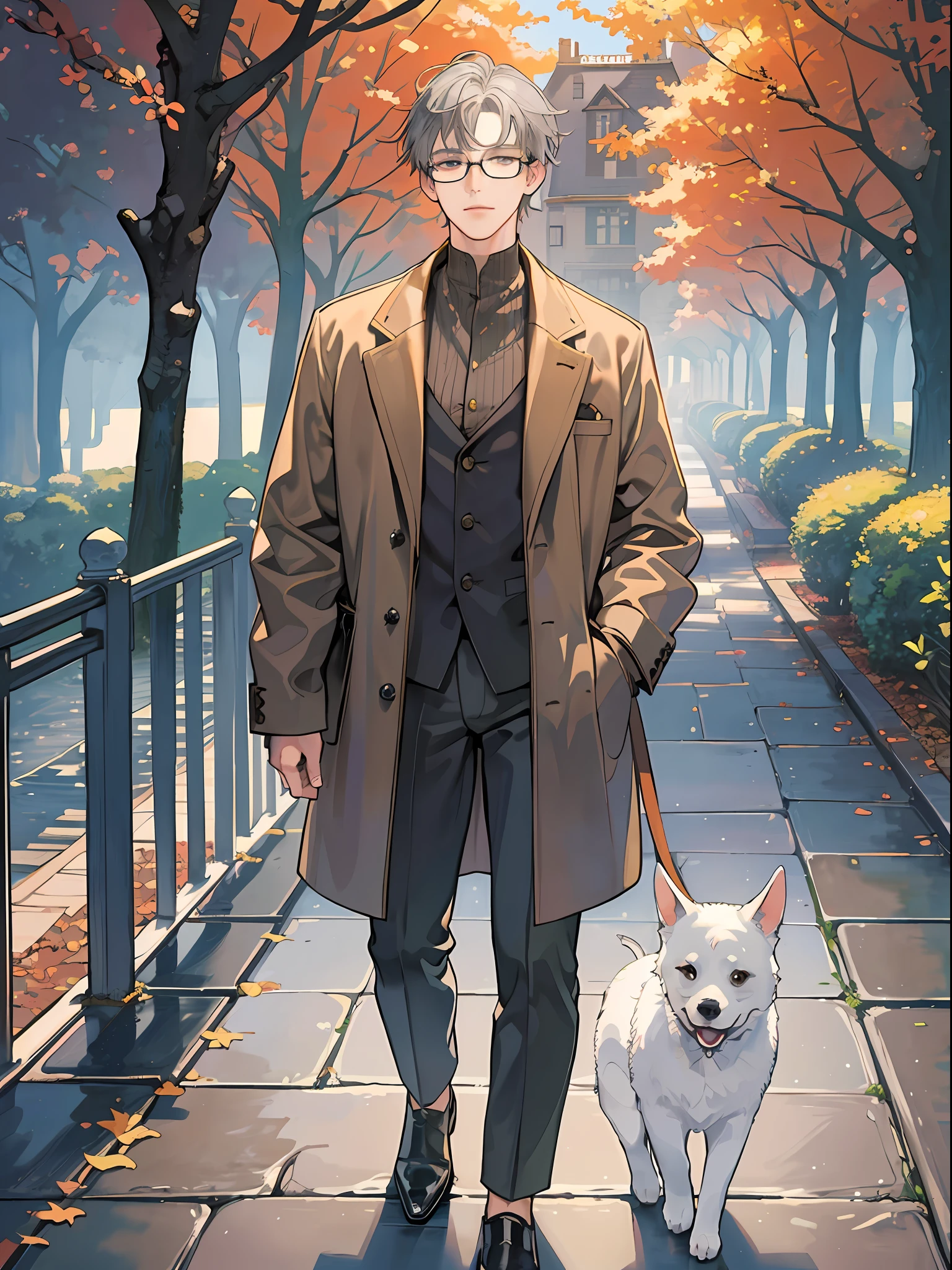 (masterpiece, man), best quality, scenic, top view, full body, exquisite detail, scenic park landscape, cityscape, perfect lighting, perfect composition, perfect atmosphere, picturesque, fall foliage, walking a dog, gray hair, cute glasses, pretty face, confident demeanor, lively energy,