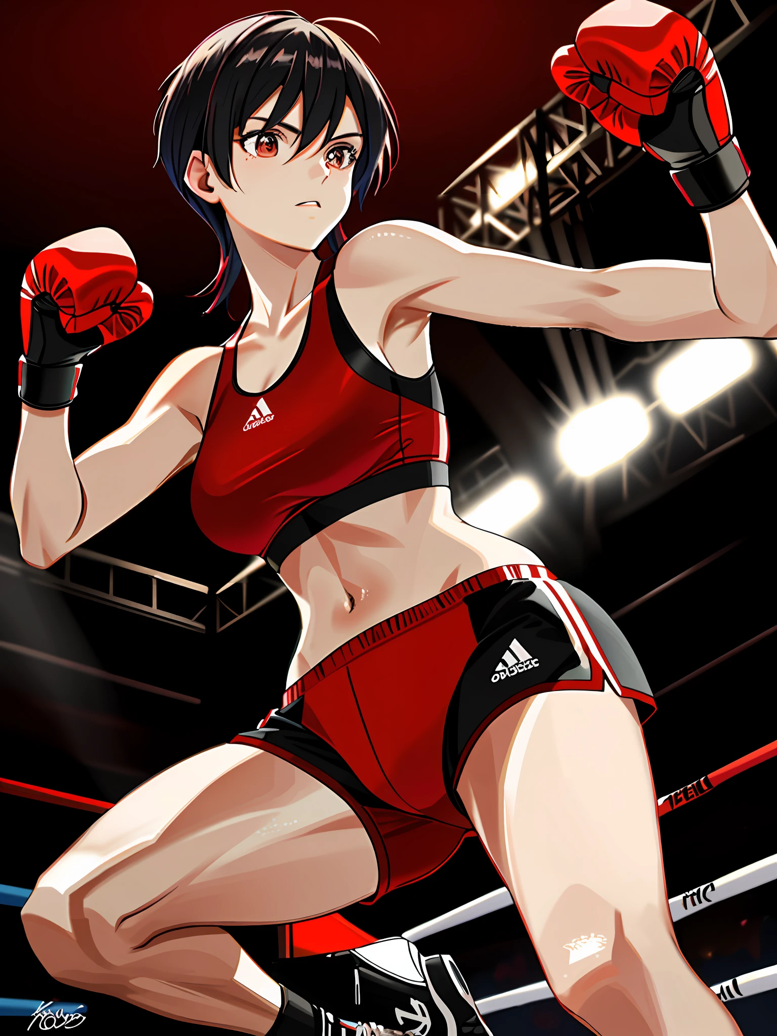 Mature boxer. Right in front. Image from the knee up. Fighting Pose. Red sports bra. Red boxing gloves. Black hair. Bobcut. One woman.