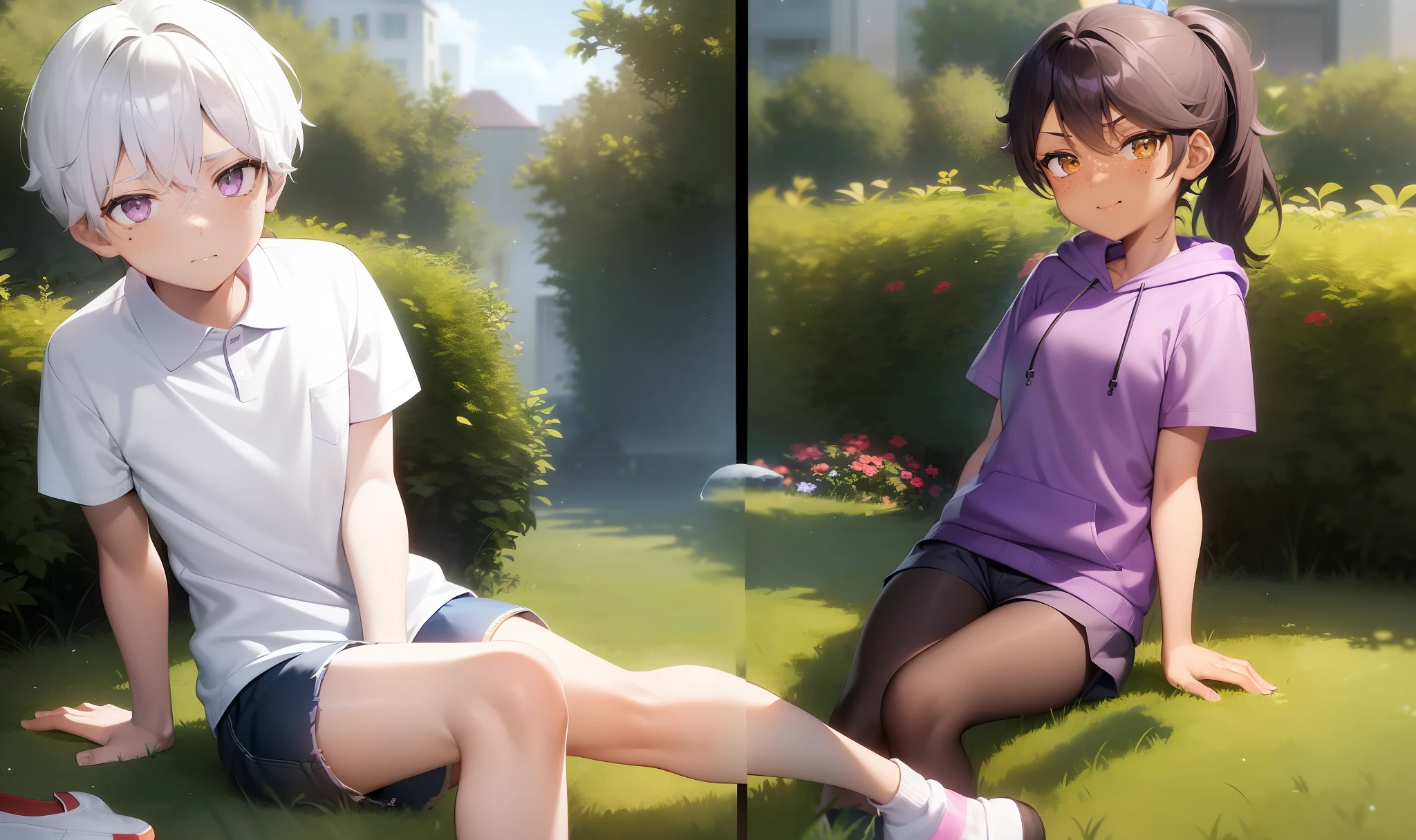 (Brown skin:1.2,sitting girl:1.1),(black ponytail hair:1.2),(tomboy:1.3),(tsundere:1.2),smirk,freckles,(purple hoodie:1.2,blue shorts:1.1,purple socks),casual wear,relaxed atmosphere.