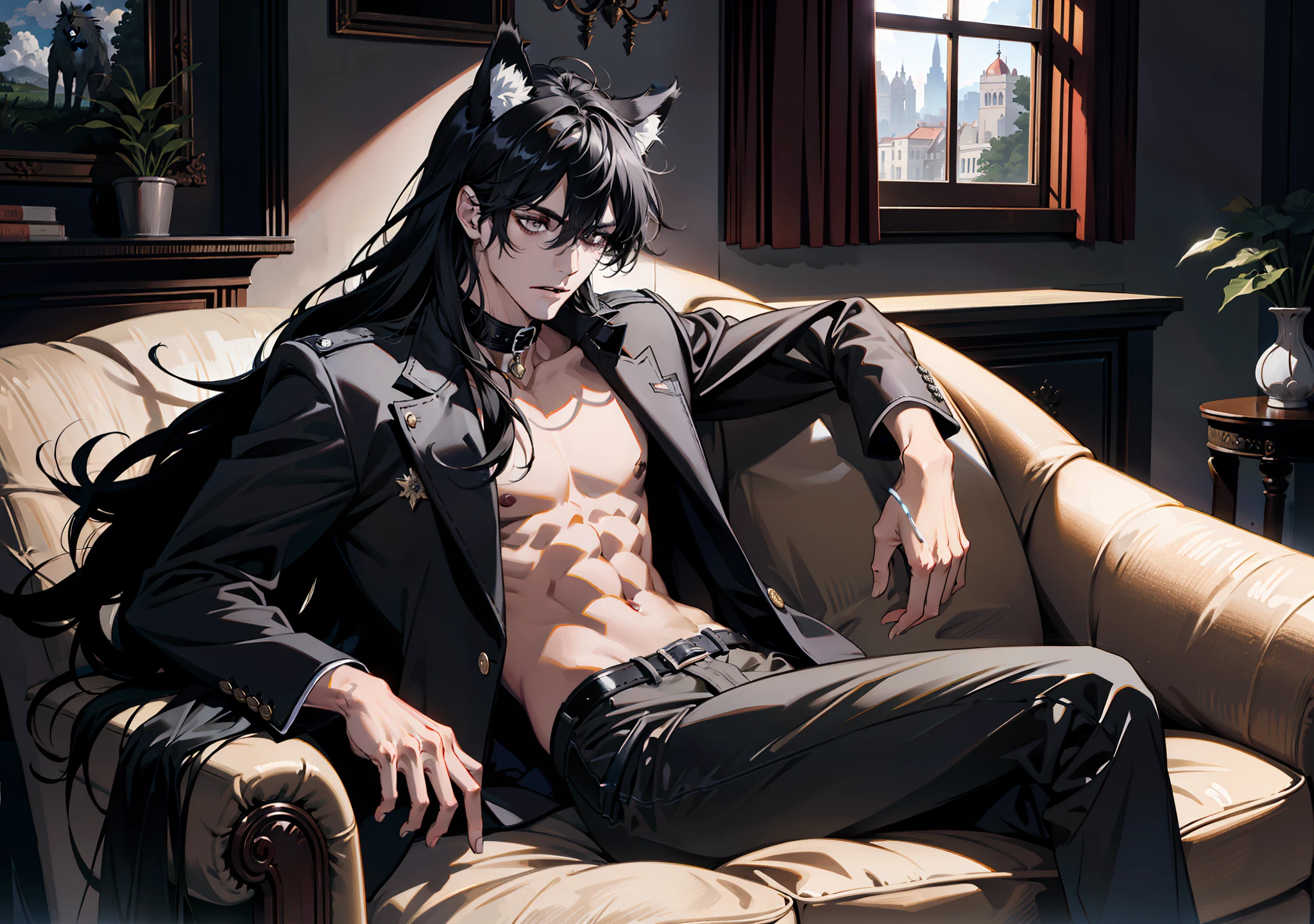 (absurdres, highres, ultra detailed), 1 male, adult, handsome, tall muscular guy, broad shoulders, finely detailed eyes and detailed face, black very long hair, gray eyes, handsome, fantasy, gothic, wolf ears, wolf tail, Sunlight, Fantastic light and shadow, Scenery, portrait, vampire fangs, open mouth, sexy, attractive, full body, tongle, no clothes, no shirt,, Dog Collar, bangs, cute face, sitting on the couch, black leather pants, no shirt