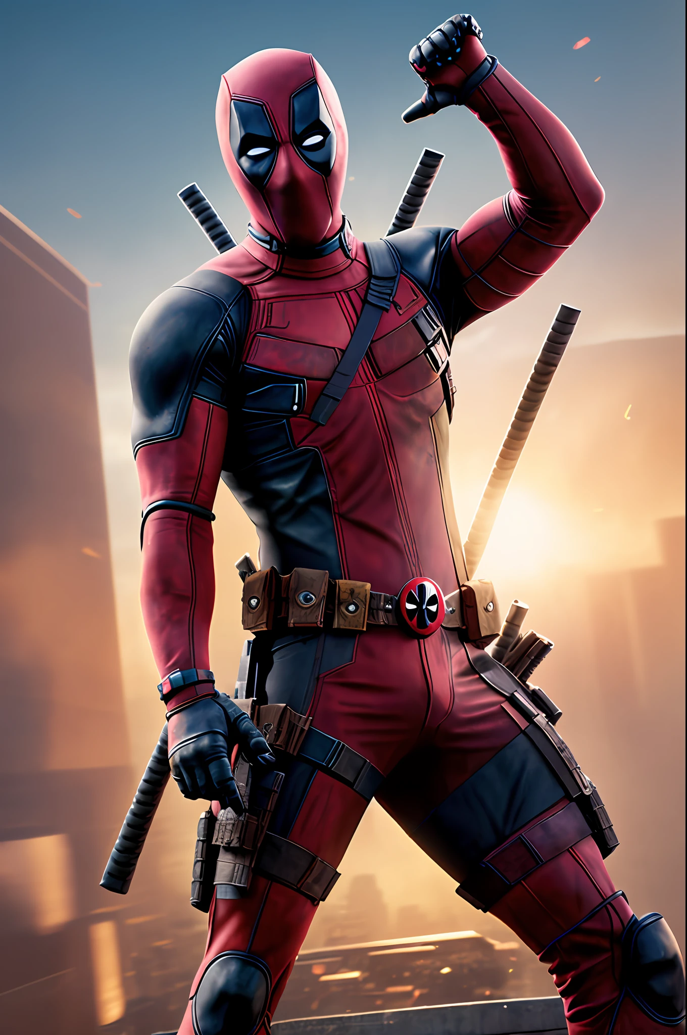 Deadpool from Marvel, Fine Arts, PS5 Cinematic Screenshot, High Detail Detailed Cinematic Rendering, Ultra Photorealistic Beam, With Cinematic Lighting, Black Hair, Surrealism, Ray Tracing, Fujicolor, Divine Rays, 8k, Super Detail, HD, HD, High Quality, Super Detail