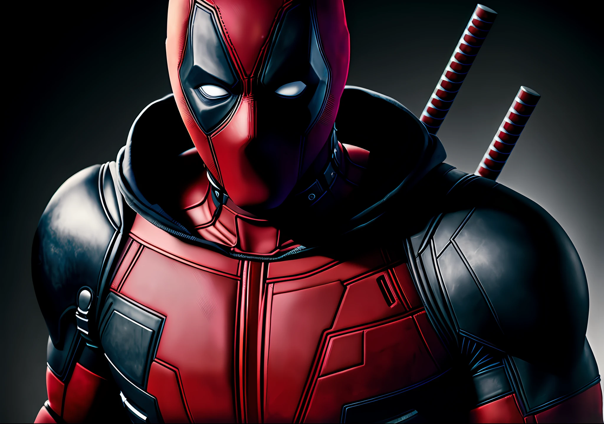 Deadpool from Marvel, DARK PHOTOGRAPHY: Realistic Epic, Soft Cinematic Portrait, Adobe Lightroom, Darkroom, High Detail, Faded, (Neutral Colors: 1.2), (HDR: 1.4), (Soft Colors: 1.2), Hyper-Detailed, (artstation: 1.4), Cinematic, Warm Light, Dramatic Light (Complex Details: 1.1), Complex Background (Rutkowski: 0.66), (Blue & Orange: 0.4)