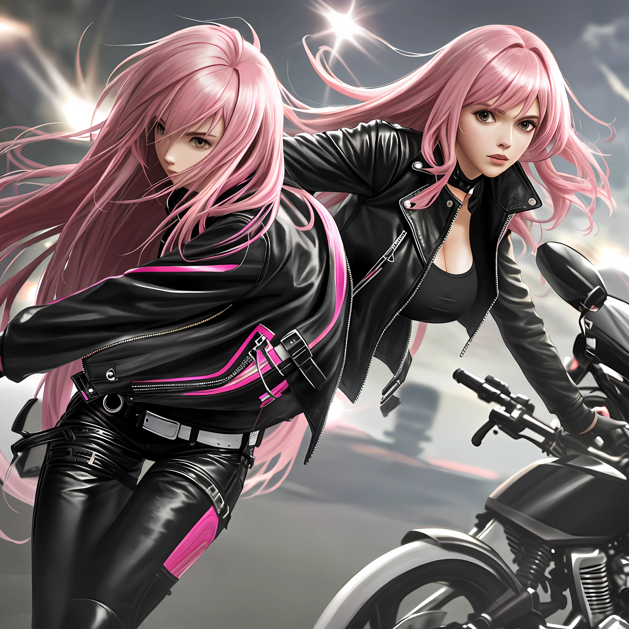 Leather Jacket Big Tits Pink Hair Best Quality Ultra High Resolution 8K Long Hair Biker