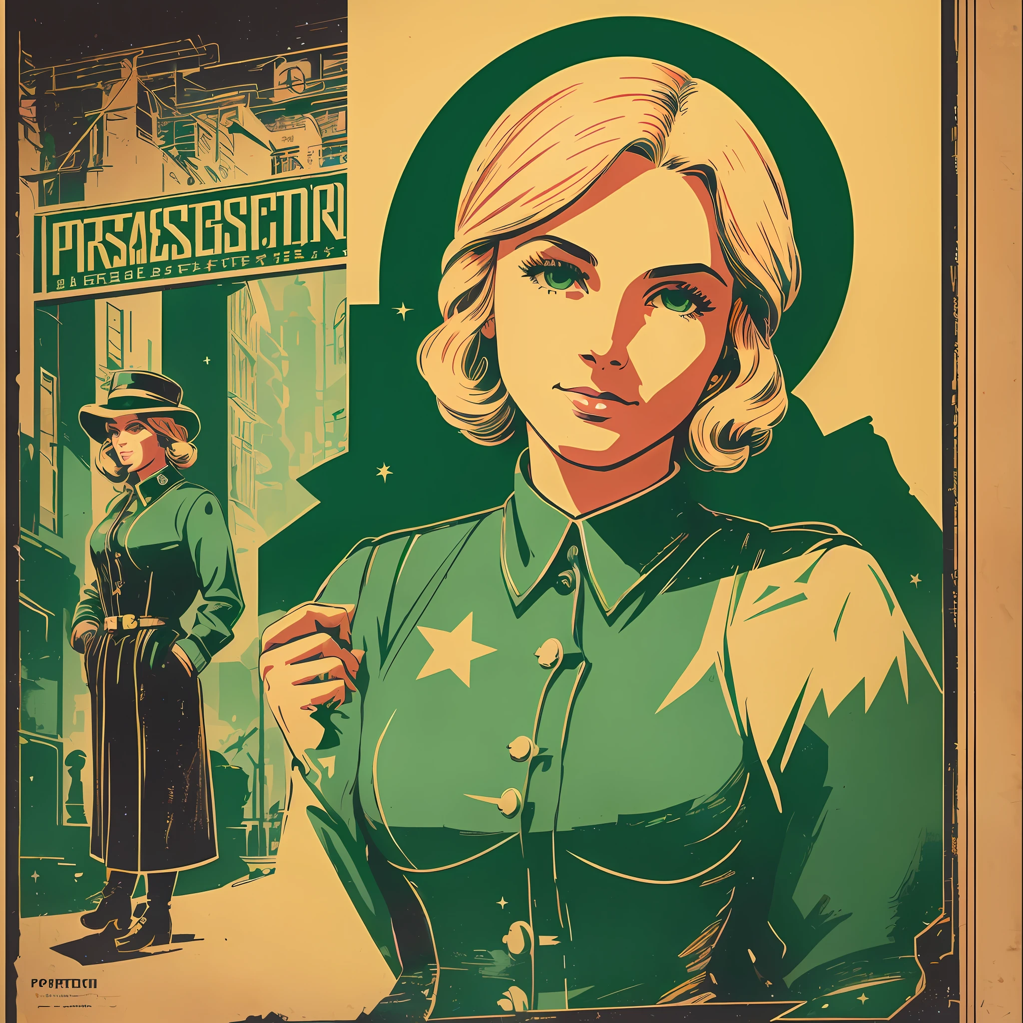 there is a poster of a woman in a military uniform, propaganda art, martin ansin, shephard fairey poster, propaganda poster, dieselpunk art style, bioshock infinite art style, bioshock infinite style, epic propaganda poster, in style of dieselpunk, retro poster, official poster, bioshock pop art, propaganda-print, style of shepherd fairey