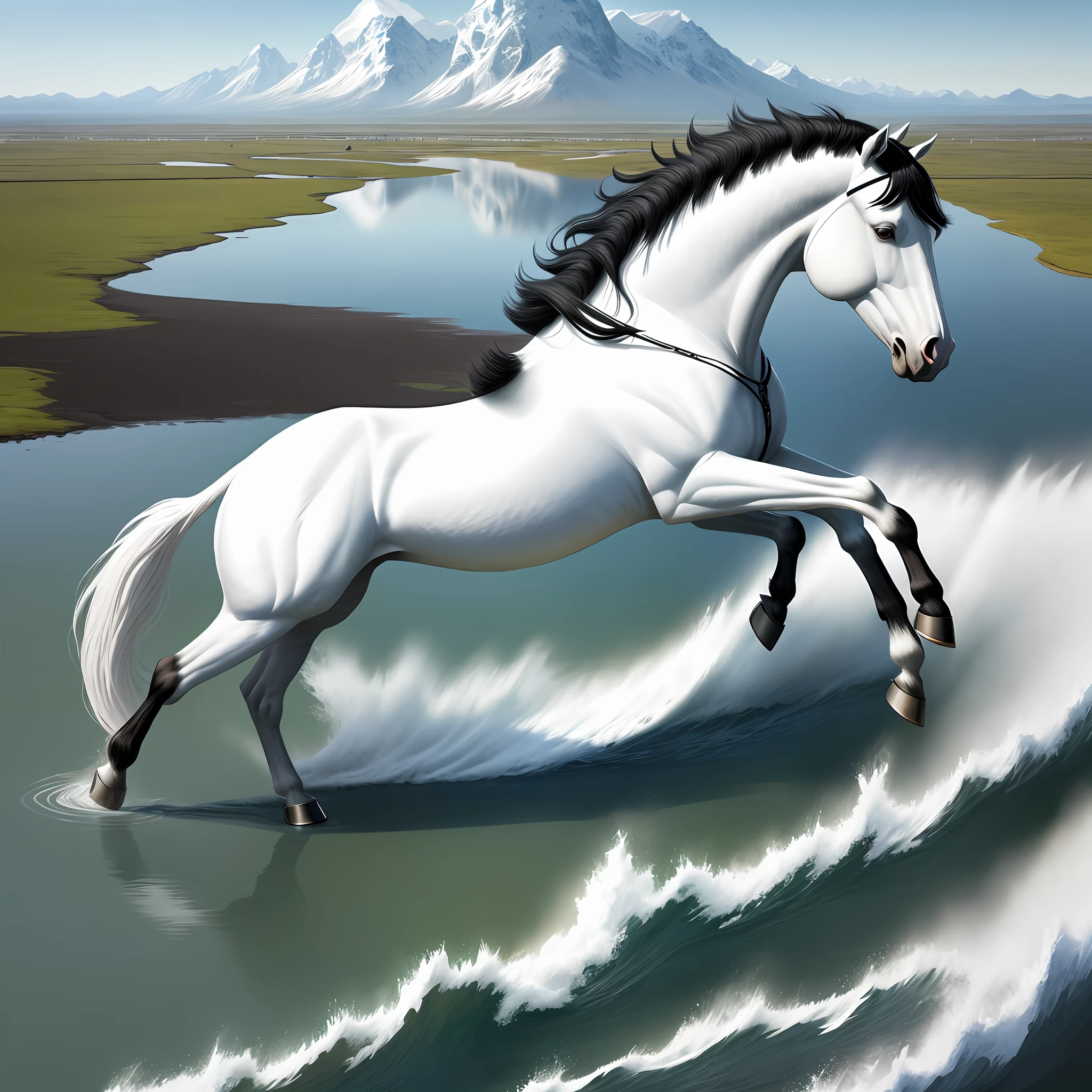 black hair, super detail a white horse neighing in a lake landscape, Surrealism, 8k