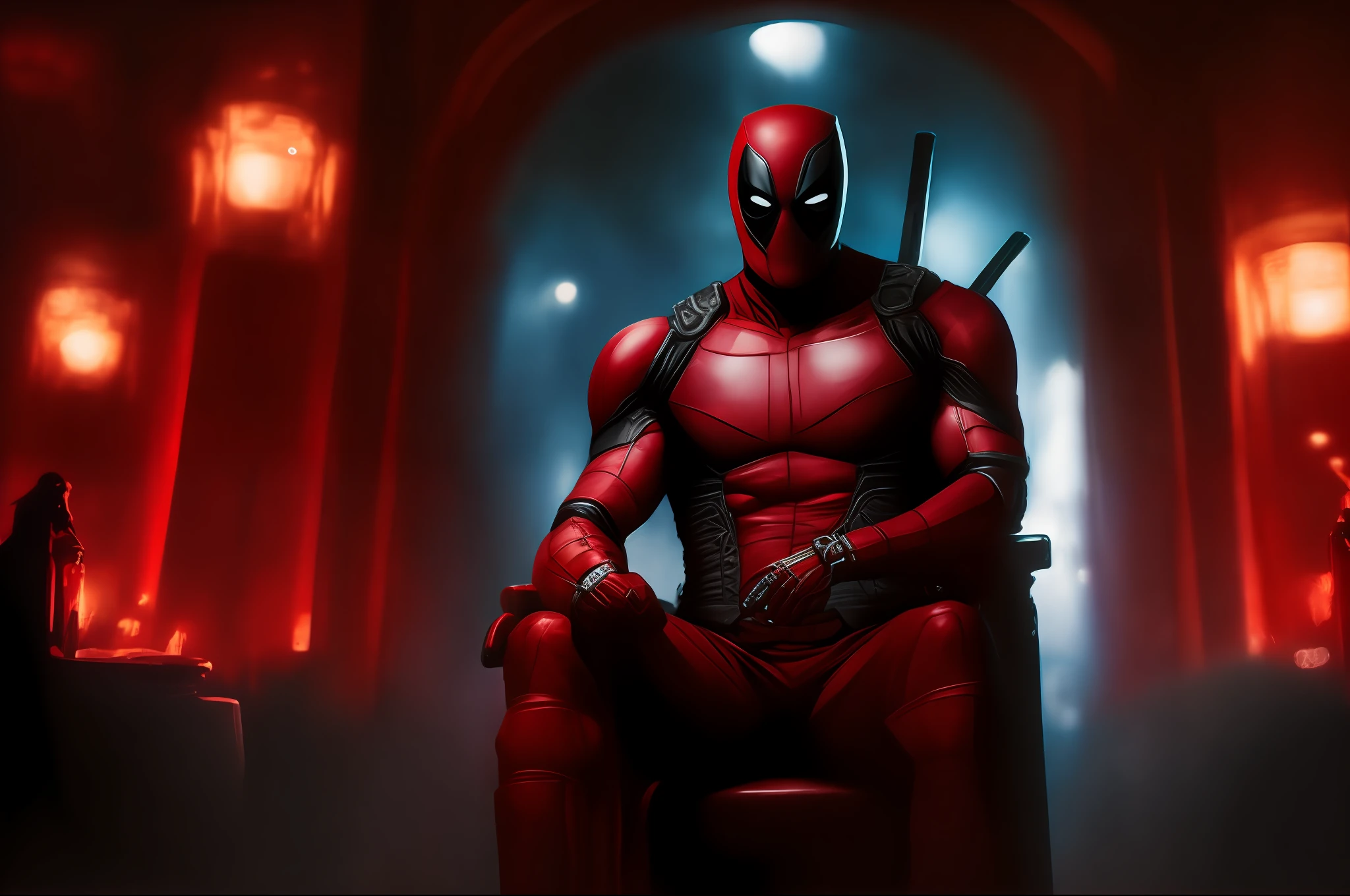 portrait of Deadpool from Marvel sitting on a throne in a bar with a window inside the throne room, edge light, well-lit, bokeh