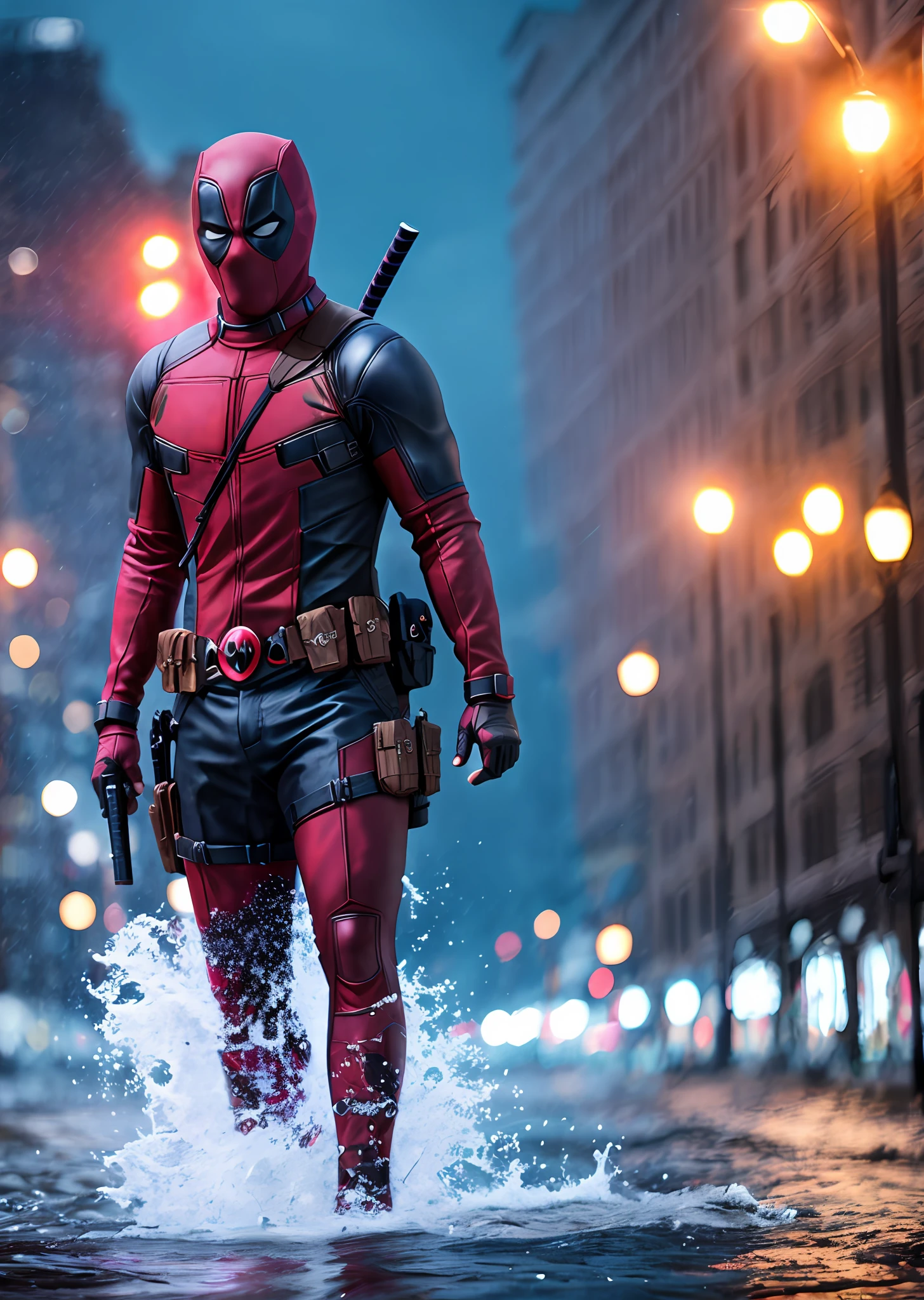 Deadpool from Marvel walking on water during a storm, masterpiece, best quality, high quality, extremely detailed CG block 8k wallpaper, award-winning photography, bokeh, depth of field, HDR, bloom, chromatic aberration, photorealistic, extremely detailed, trend on artstation, trend on CGsociety, complex, high detail, dramatic, art in the middle of the road, volumetric lighting