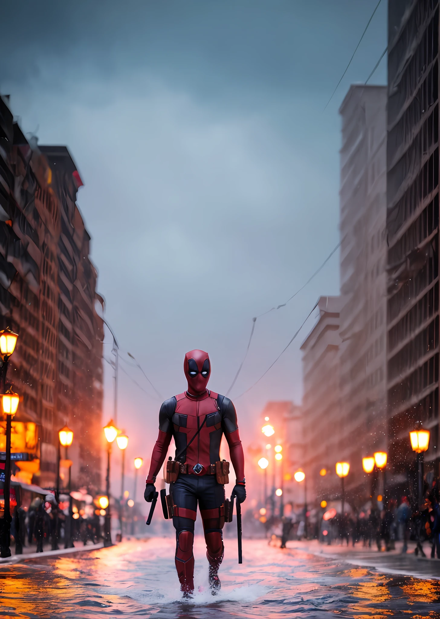 Deadpool from Marvel walking on water during a storm, masterpiece, best quality, high quality, extremely detailed CG block 8k wallpaper, award-winning photography, bokeh, depth of field, HDR, bloom, chromatic aberration, photorealistic, extremely detailed, trend on artstation, trend on CGsociety, complex, high detail, dramatic, art in the middle of the road, volumetric lighting