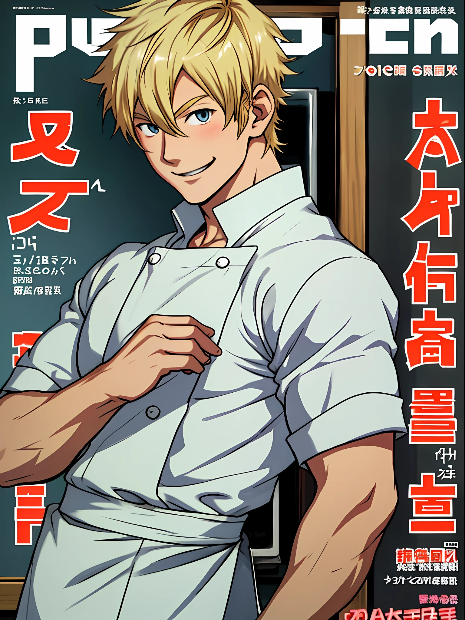 Anime Man, Cook, Blonde Short Hair, Smiling, Cover Magazine
