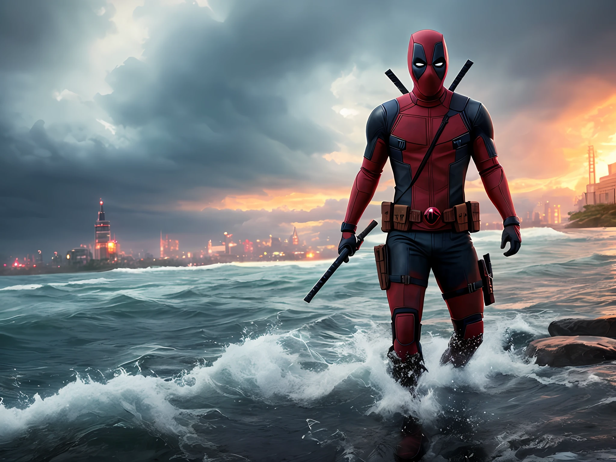 Deadpool from Marvel walking on water during a storm, masterpiece, best quality, high quality, extremely detailed CG block 8k wallpaper, award-winning photography, bokeh, depth of field, HDR, bloom, chromatic aberration, photorealistic, extremely detailed, trend on artstation, trend on CGsociety, complex, high detail, dramatic, art in the middle of the road, volumetric lighting