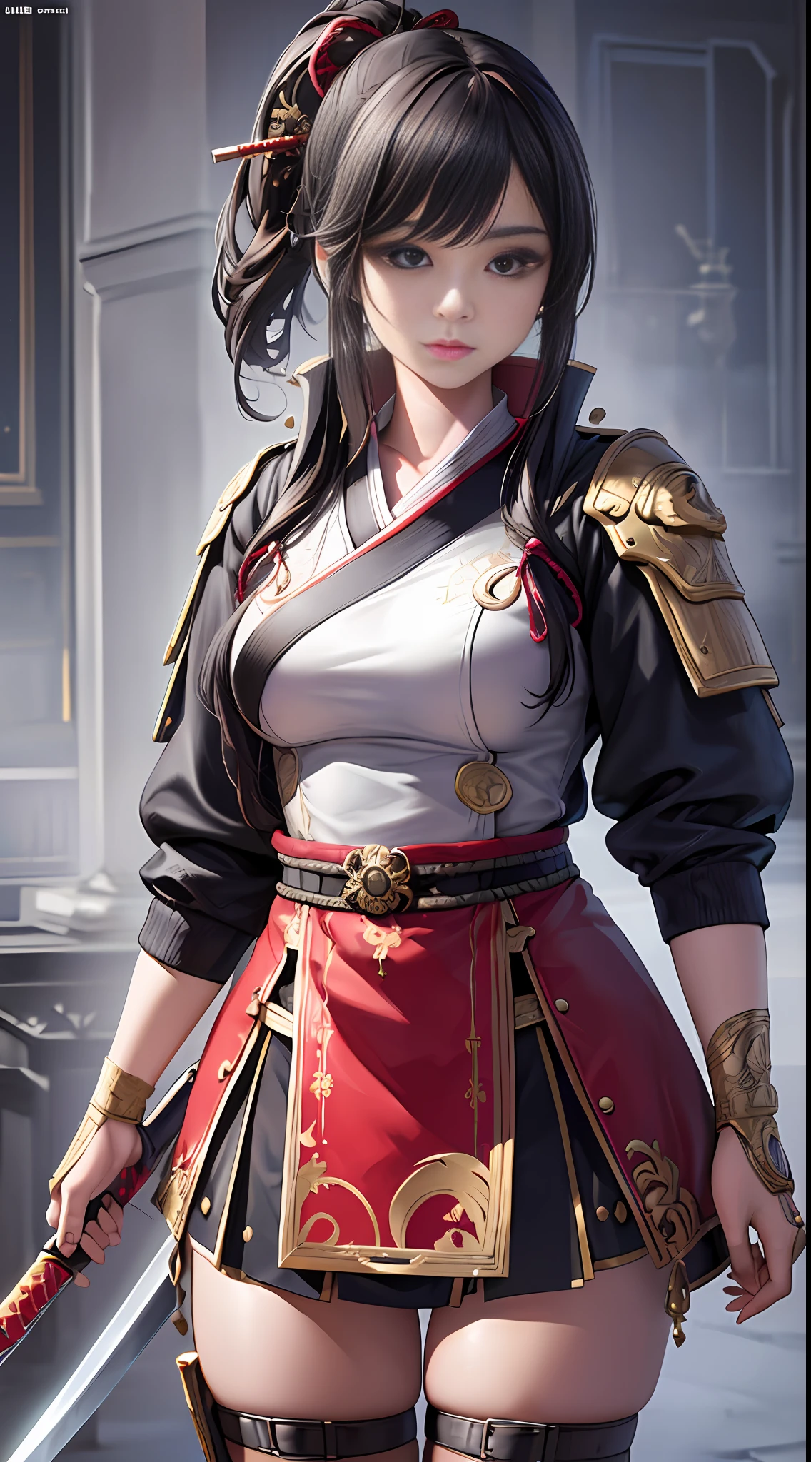 The girl is a samurai, holding a sword with both hands, (((reality2)), RAW Photos, Best Quality, Realistic, Photorealistic, Best Quality, Masterpiece, Very Delicate and Beautiful, Highly Detailed, 2k Wallpapers, Fantastic, ((Fine Details)))))), 8k Wallpapers, Huge File Size, Ultra Detailed, High Definition, Highly Detailed, Realistic, 8K, Ultra High Definition, Best Quality, Ultra High Resolution , (Realistic: 1.4), high quality textures (highly detailed eyes and face)