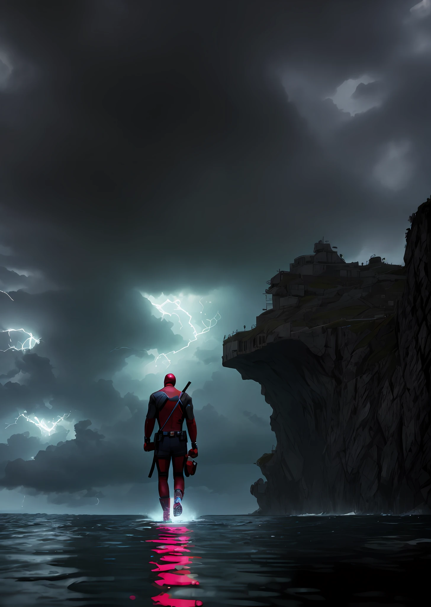 Deadpool from Marvel walking on water during a storm, masterpiece, best quality, high quality, extremely detailed CG block 8k wallpaper, award-winning photography, bokeh, depth of field, HDR, bloom, chromatic aberration, photorealistic, extremely detailed, trend on artstation, trend on CGsociety, complex, high detail, dramatic, art in the middle of the road, volumetric lighting