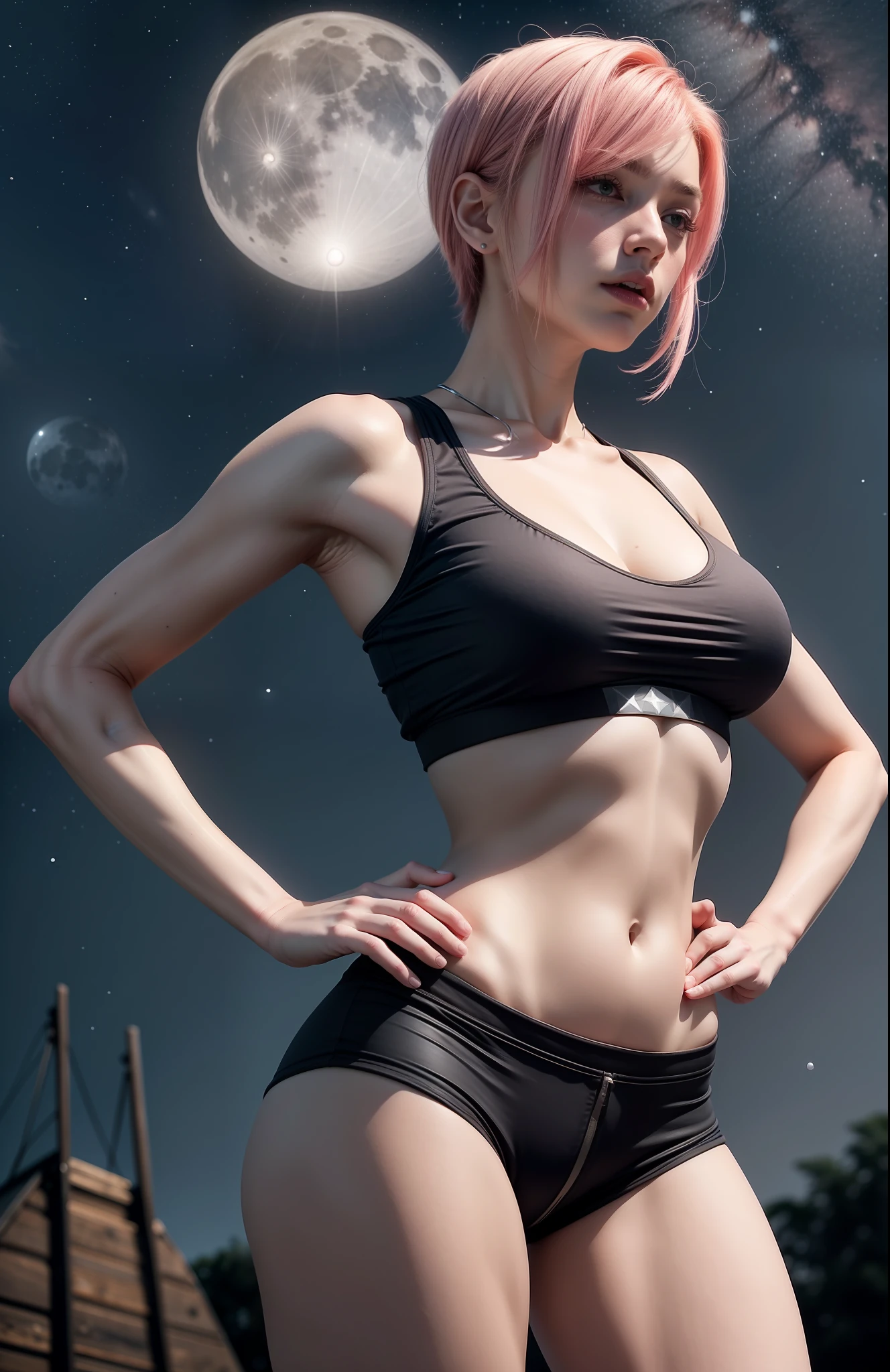Masterpiece, best quality, absurdres, perfect anatomy, 1girl, solo, short pink hair, black sports bra, cleavage, boobs, black leggings, bubble butt, muscular, hands on hips, rooptop, night, sky scenary, full moon, stars