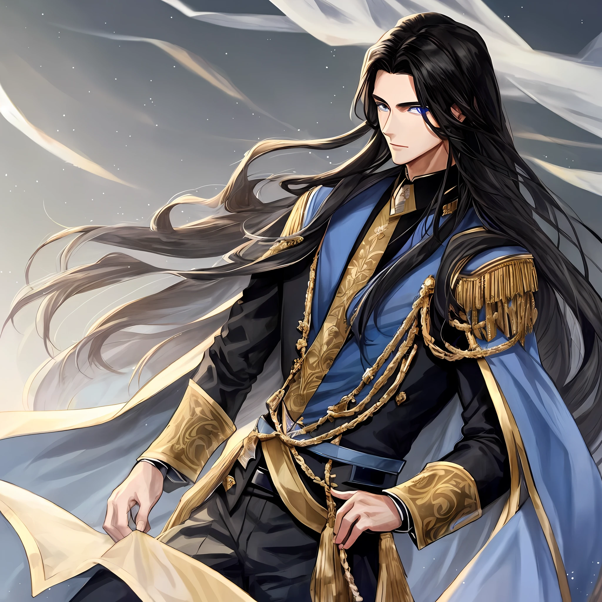 A handsome young prince with long black hair, and his beautiful blue eyes, he is wearing a gentleman's outfit with a beautiful black cape