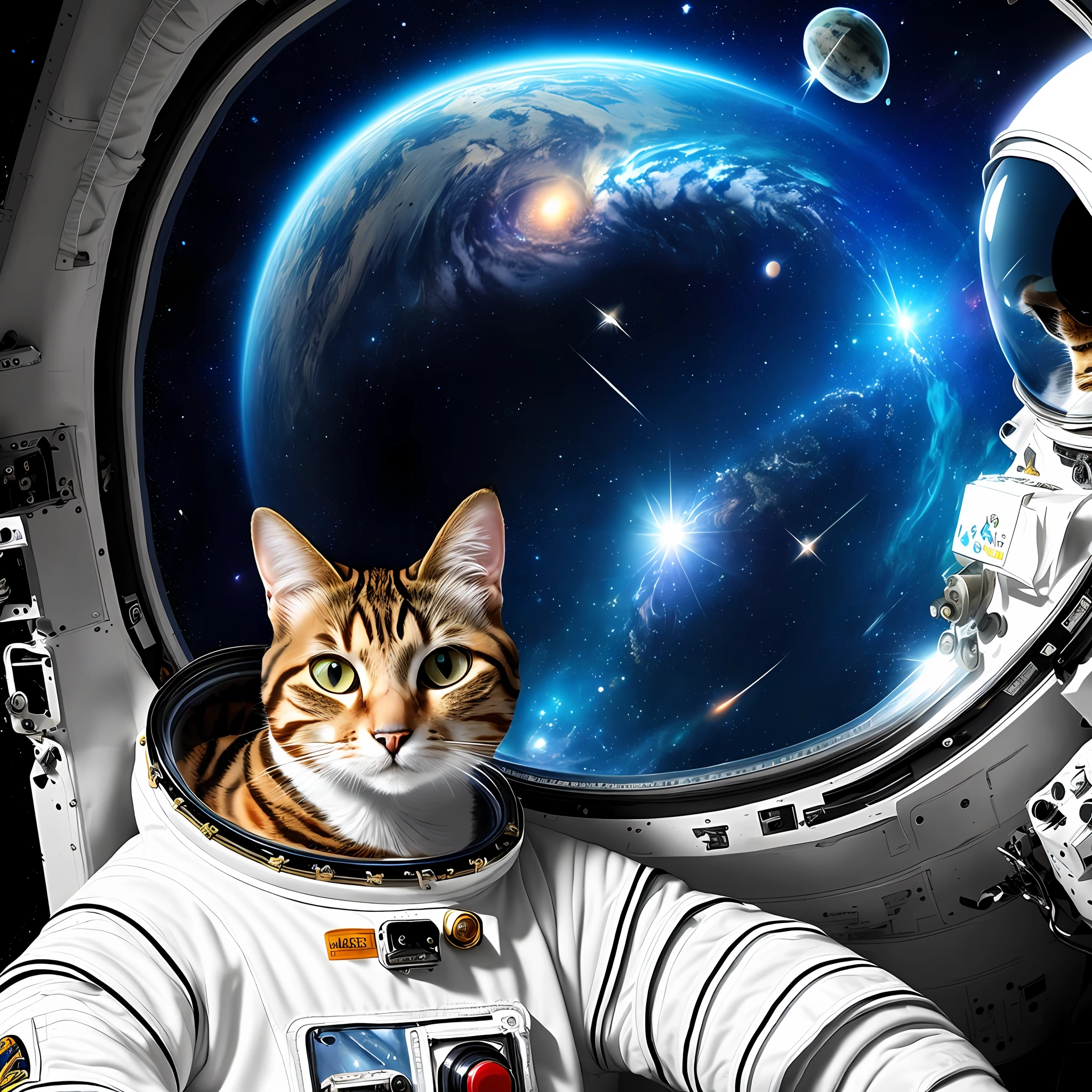 (1 cat dressed as an astronaut in space), ultra-detailed, best quality, cosmic background, universe.