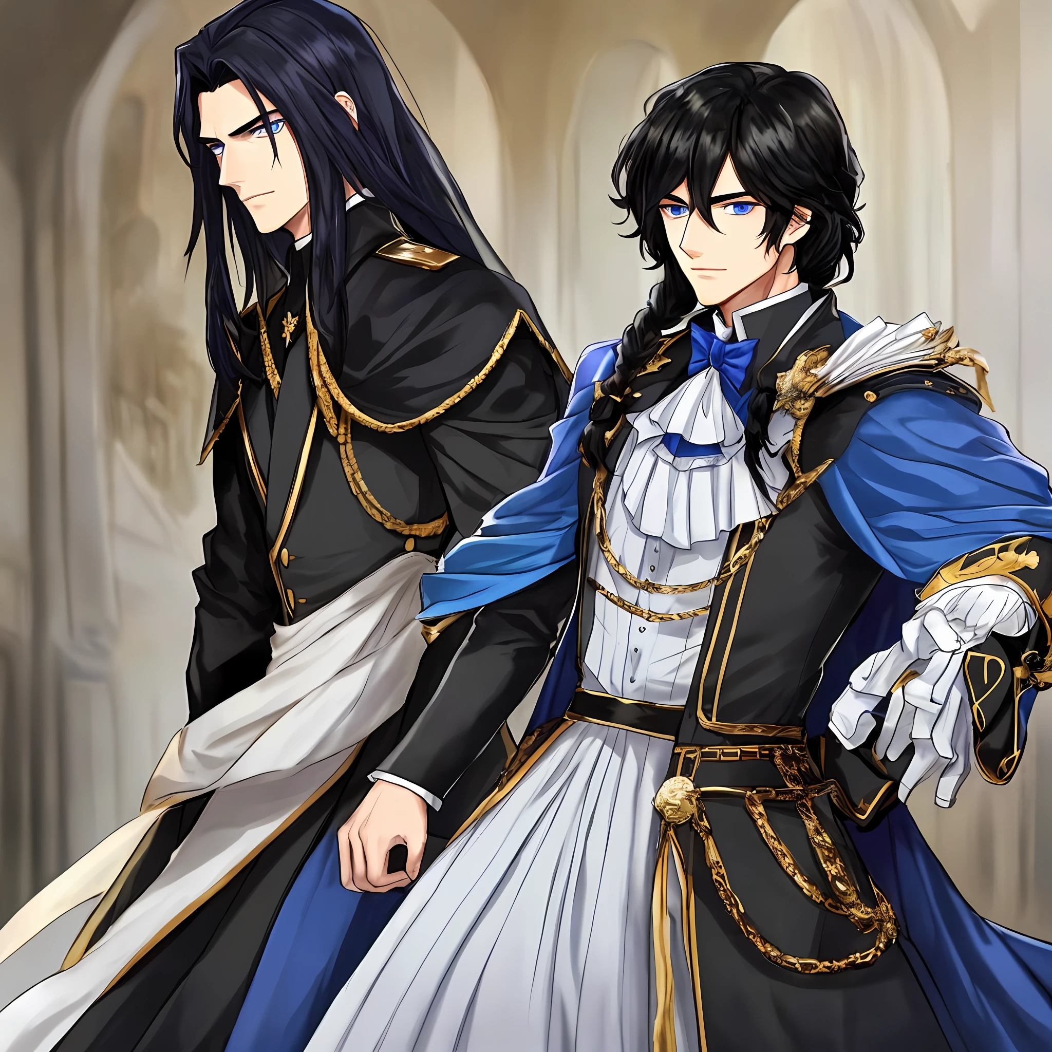 A handsome young prince with long black hair, and his beautiful blue eyes, he is wearing a gentleman's outfit with a beautiful black cape