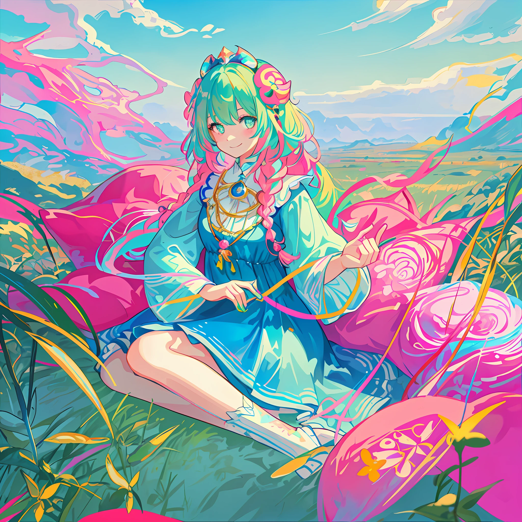 masterpiece, finely detailed beautiful eyes, glowing eyes, shiny hair, neon pink hair, green hair, pink hair, blunt bangs, (((psychedelic))), paint hair accessories, colorful dress, 1girl, girl sitting on a futon, paint, ink, hair accessory, psychedelic hair, outdoors, solo, sky, blue nails, clouds, bangs, ((oneiric)), long sleeves, looking at viewer, blue paint splash, braid, colorful dress, Blushing, smiling, tarot cards, ((tarot))