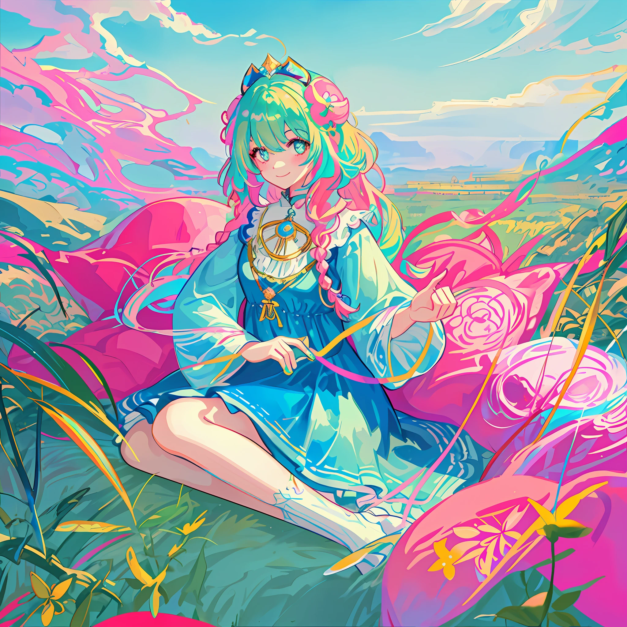masterpiece, finely detailed beautiful eyes, glowing eyes, shiny hair, neon pink hair, green hair, pink hair, blunt bangs, (((psychedelic))), paint hair accessories, colorful dress, 1girl, girl sitting on a futon, paint, ink, hair accessory, psychedelic hair, outdoors, solo, sky, blue nails, clouds, bangs, ((oneiric)), long sleeves, looking at viewer, blue paint splash, braid, colorful dress, Blushing, smiling, tarot cards, ((tarot))