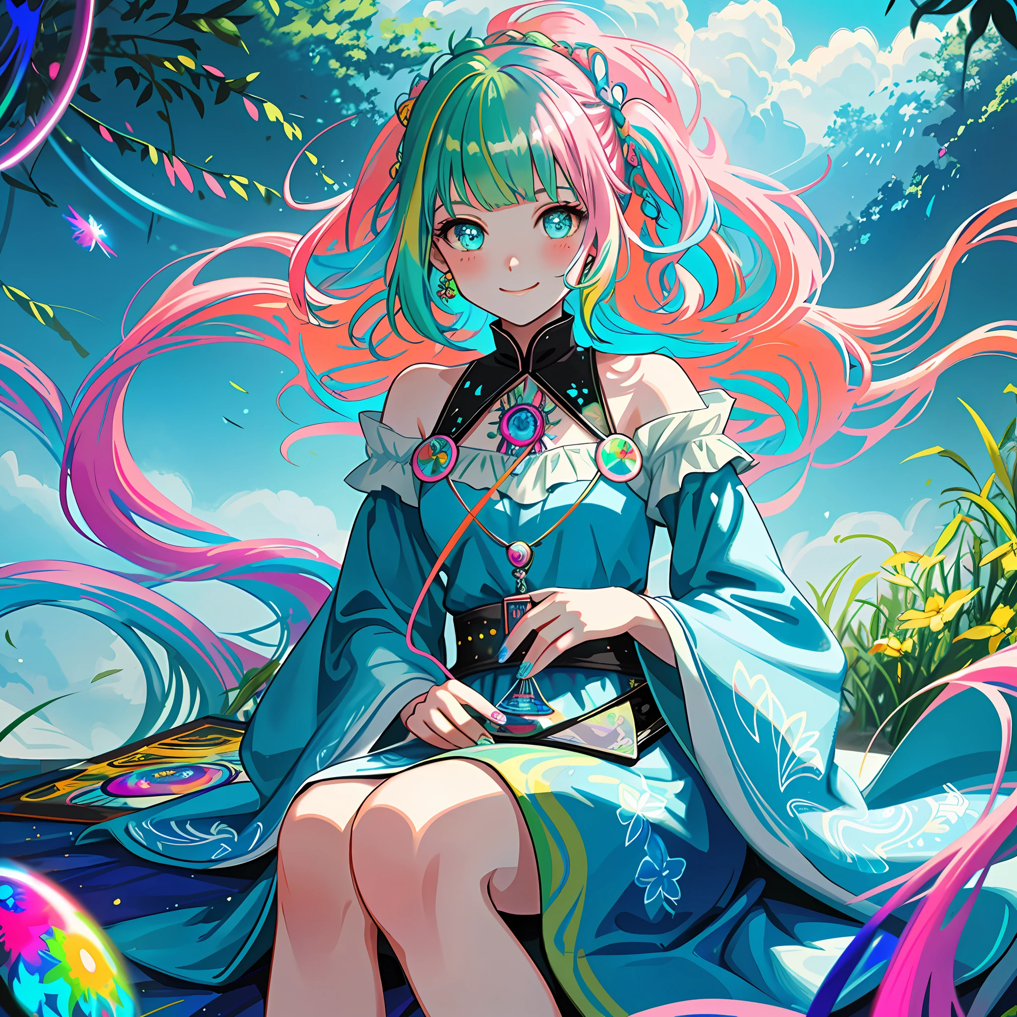 masterpiece, finely detailed beautiful eyes, glowing eyes, shiny hair, neon pink hair, green hair, blunt bangs, (((psychedelic))), paint hair accessories, colorful dress, 1girl, girl sitting on a futon, paint, ink, hair accessory, psychedelic hair, outdoors, solo, sky, blue nails, clouds, bangs, ((oneiric)), long sleeves, looking at viewer, blue paint splash, braid, colorful dress, Blushing, smiling, tarot cards, ((tarot))