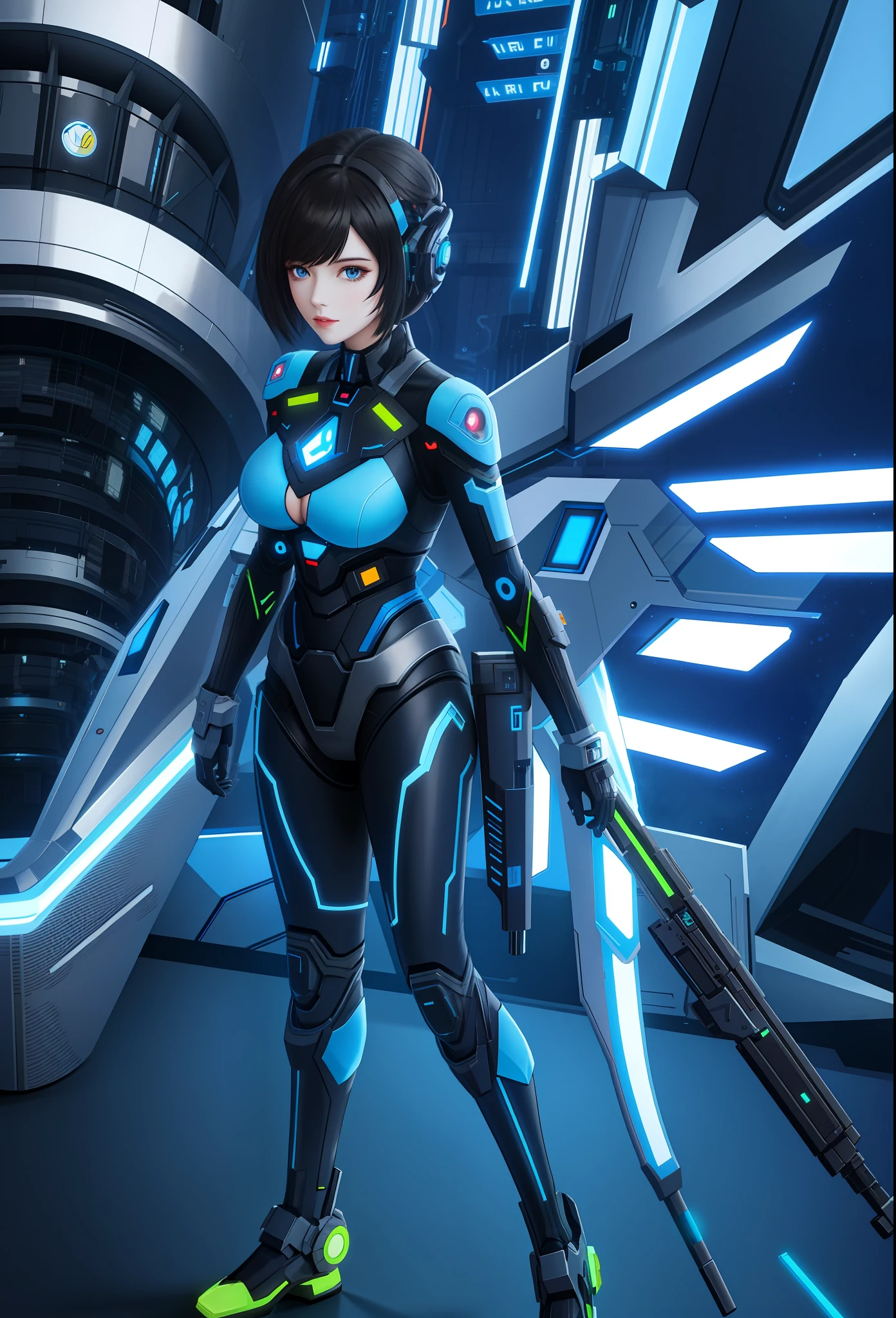 Full body photo, Humanoid Machine Woman, half human half machine body in futuristic costume, with power cables, lit blue lights on her chest, she has half human half head with mechanical parts showing, short black hair, blue eye and mechanical eye with laser sight, looking at the viewer, from the front, big breasts, body half human and half mechanical, she is in a futuristic city at war between humans and machines, she is holding futuristic weapons of high caliber, cyberpunk, troll, anime, Pop art, masterpiece, 16k, high details, UHD, best quality