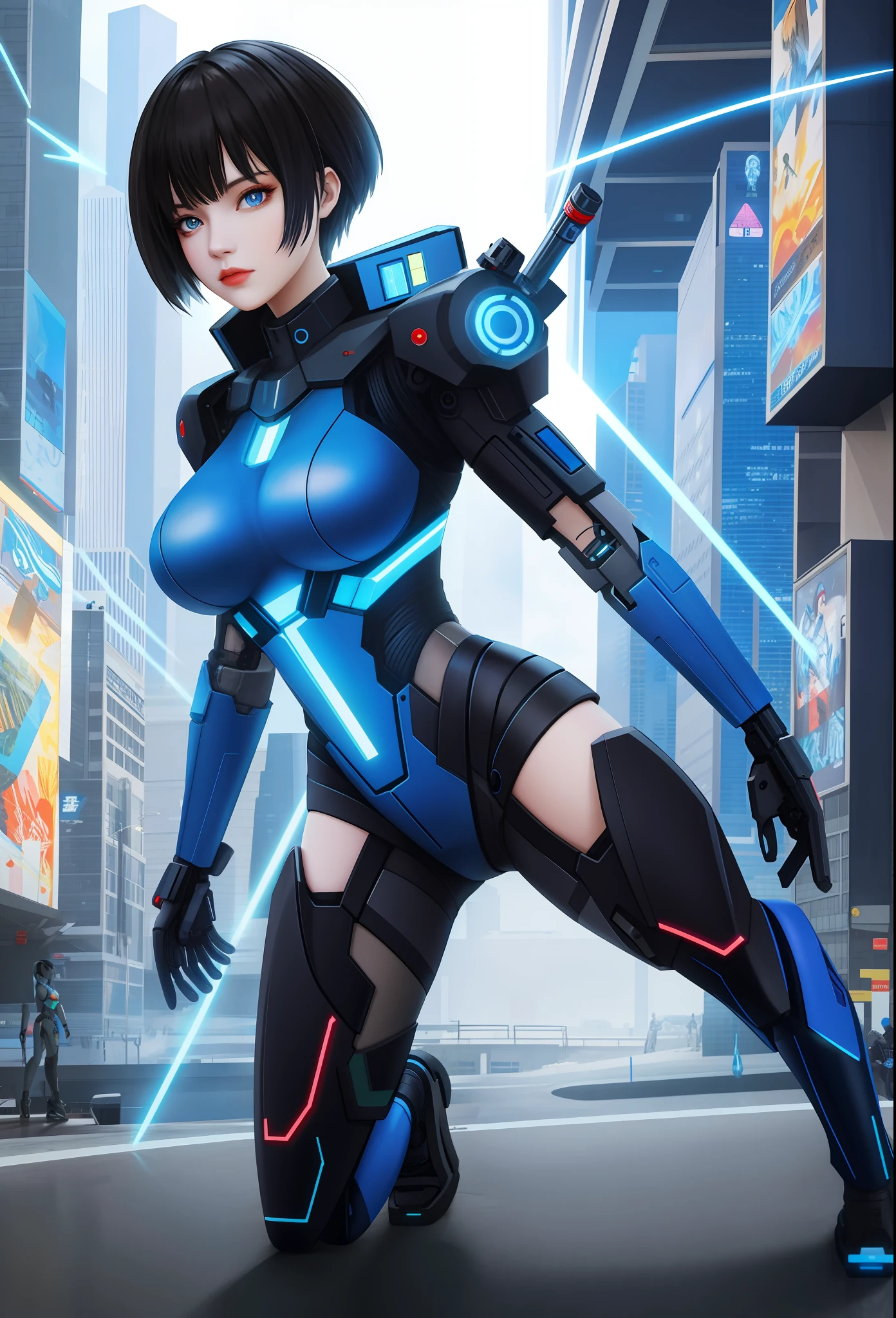 Full body photo, Humanoid Machine Woman, half human half machine body in futuristic costume, with power cables, lit blue lights on her chest, she has half human half head with mechanical parts showing, short black hair, blue eye and mechanical eye with laser sight, looking at the viewer, from the front, big breasts, body half human and half mechanical, she is in a futuristic city at war between humans and machines, she is holding futuristic weapons of high caliber, cyberpunk, troll, anime, Pop art, masterpiece, 16k, high details, UHD, best quality