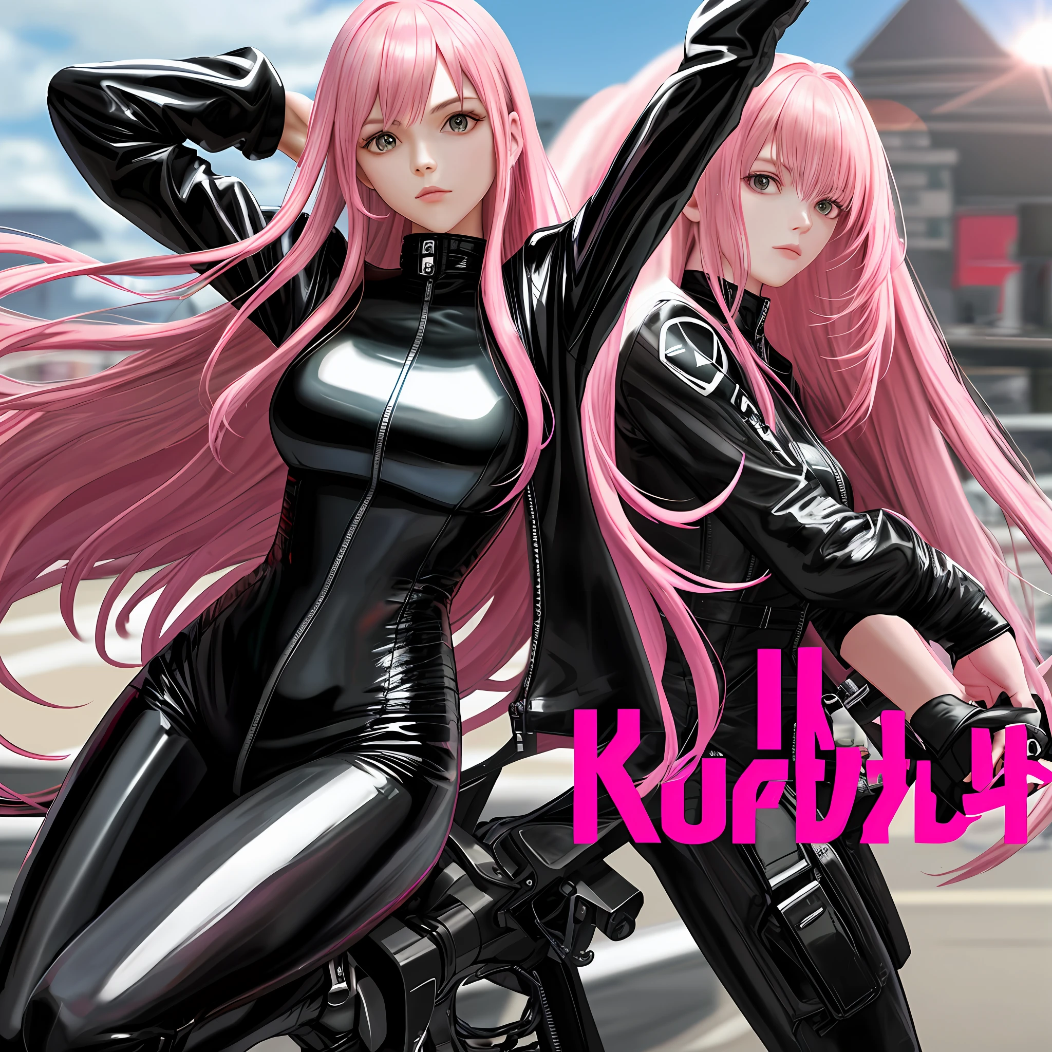 Catsuit Leather Jacket Long Hair Pink Hair Top Quality Ultra High Resolution 8K Masterpiece