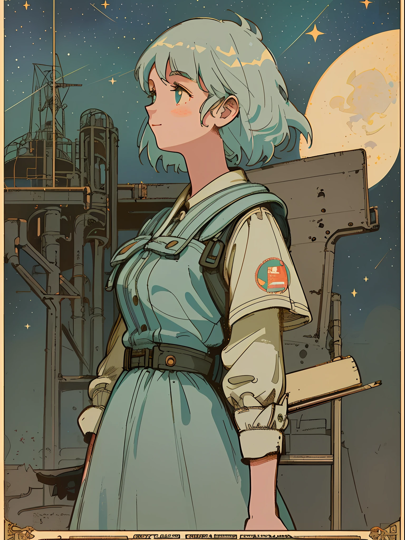 (masterpiece), (best quality), (best detail), (worn paper borders), (main color of illustration: pastel blue), (secondary color: pastel light gray), vintage advertising poster with Soviet-style lettering 60', beautiful woman cheerful posture, dirty and old western industrial scene, at night (sky with many stars), shading (detailed, much contrast), very saturated pulp colors