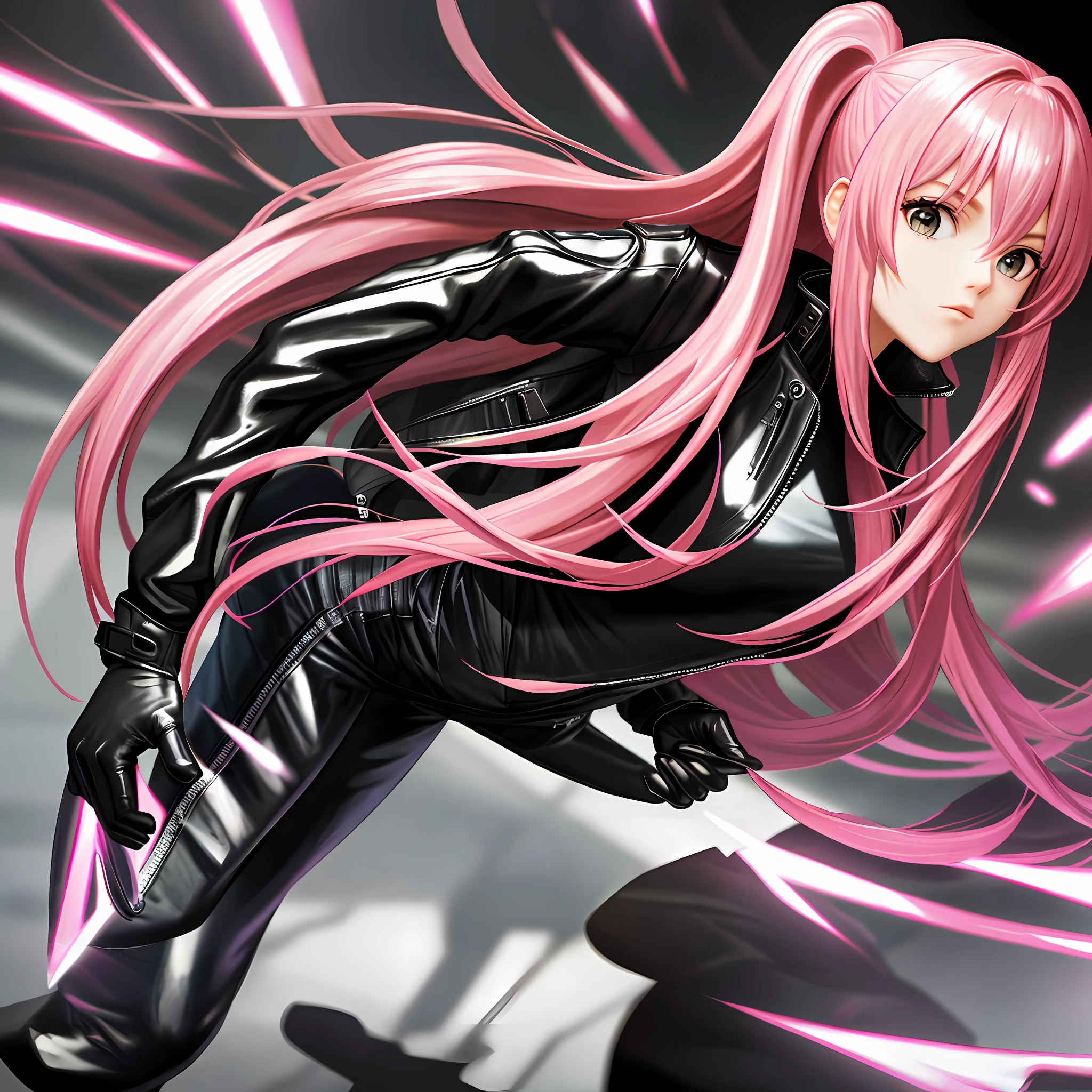 Catsuit Leather Jacket Long Hair Pink Hair Top Quality Ultra High Resolution 8K Masterpiece
