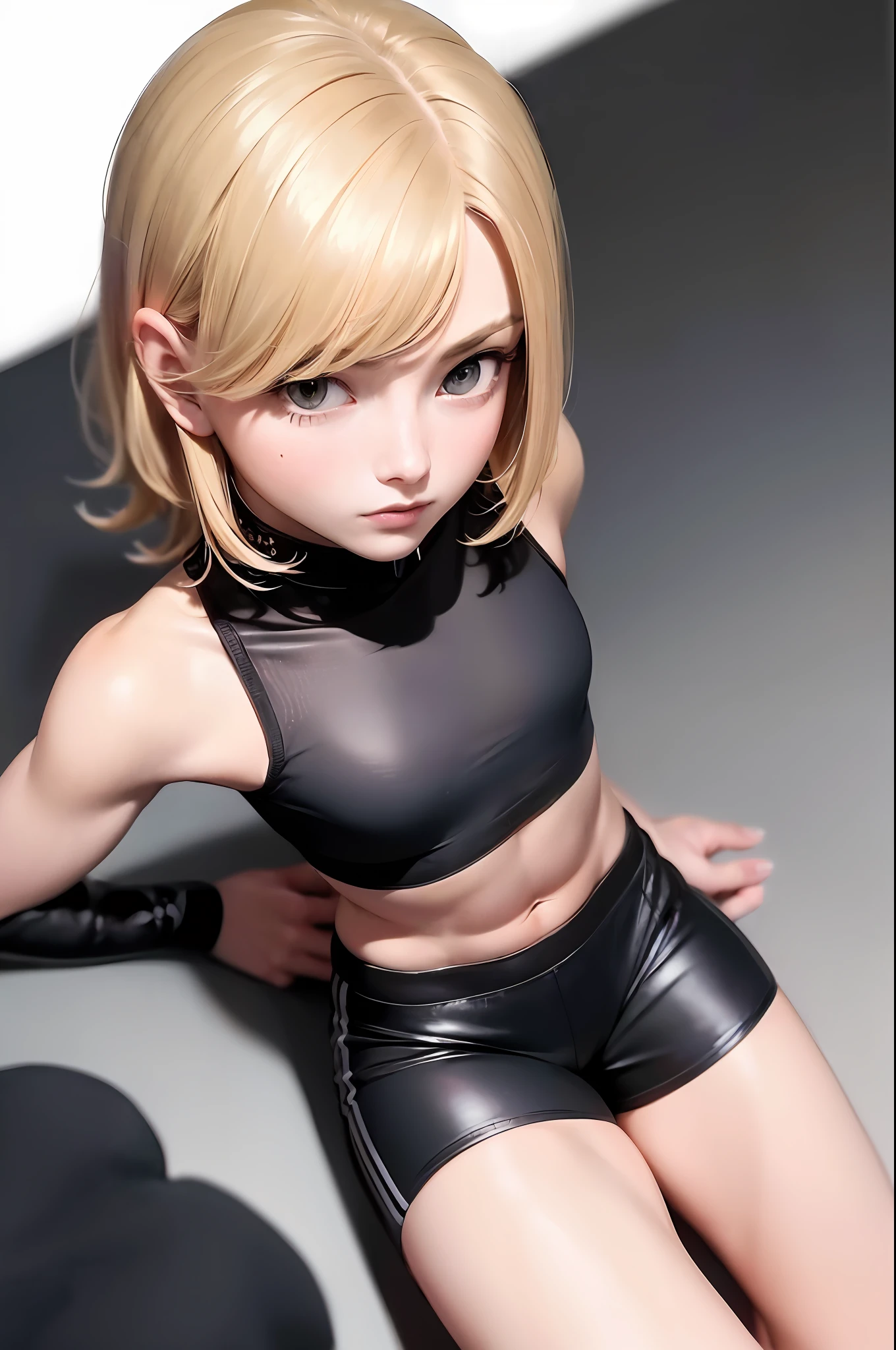 ((Big, Tomboy, Small Head)), (Abs Cut: 1.1), (Short Wavy Hair: 1.2), Blonde, Collar, Chain, Full Body, Workout, Sweat, Femboy, Lid ((Shorts), (Highly Detailed CG 8K Wallpaper), (Very Delicate and Beautiful), (Best Quality: 1.0), (Ultra High Definition: 1.0), Beautiful Lighting, Perfect Lighting, Realistic Shadows, High Resolution] Detailed skins, super detailed ((color))